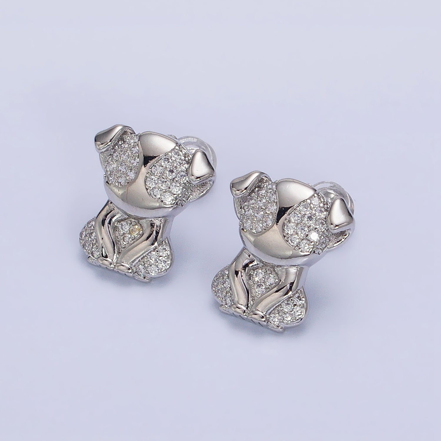16K Gold Filled Sitting Puppy Dog Micro Paved CZ Stud Earrings in Gold & Silver | AB631 AB632
