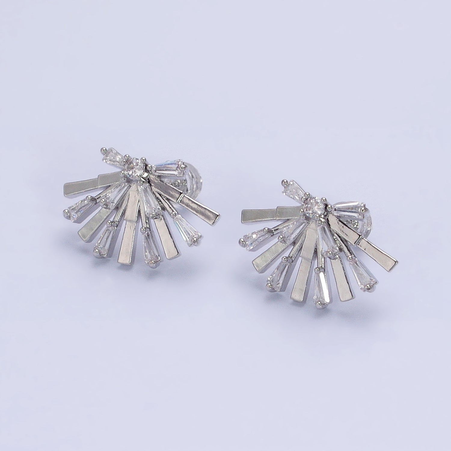 Gold, Silver Rectangular Clear CZ Baguette Geometric Fan Stud Earrings | AB635 AB636