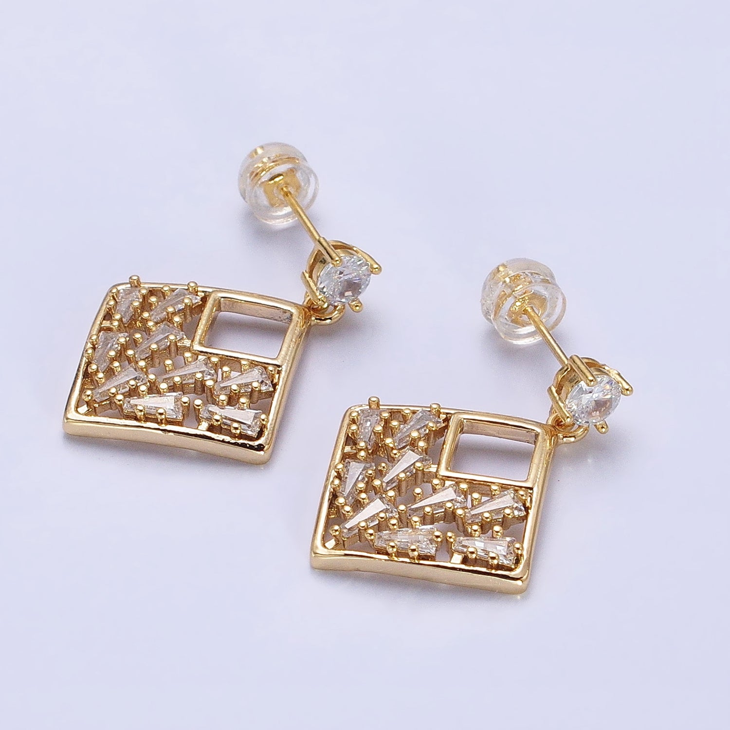Gold Rhombus Dangle Stud Earring Clear Cz Micro Pave Baguette Stone Statement Earring AB668 - DLUXCA