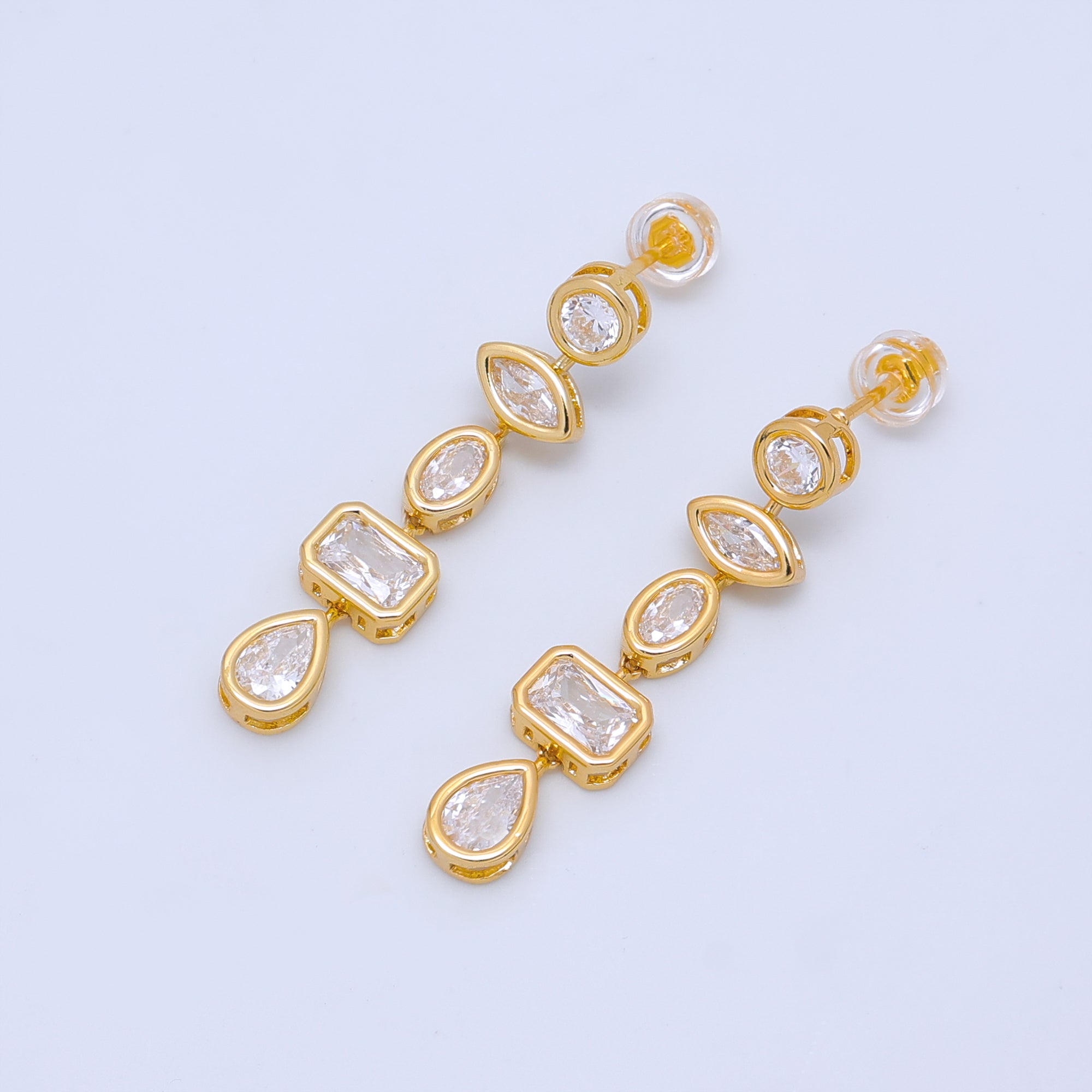 24K Gold Filled Geometric CZ Bezel Drop Stud Earrings in Gold & Silver | AB678 AB679