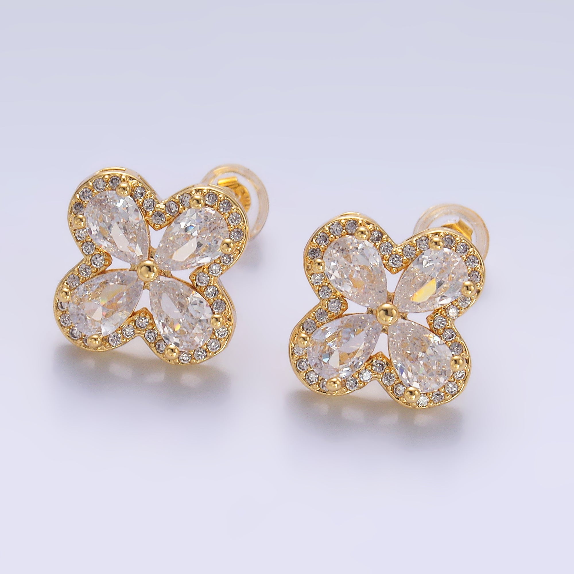 24K Gold Filled Clear CZ Micro Paved CZ Quatrefoil Stud Earrings in Gold & Silver | AB688 AB689