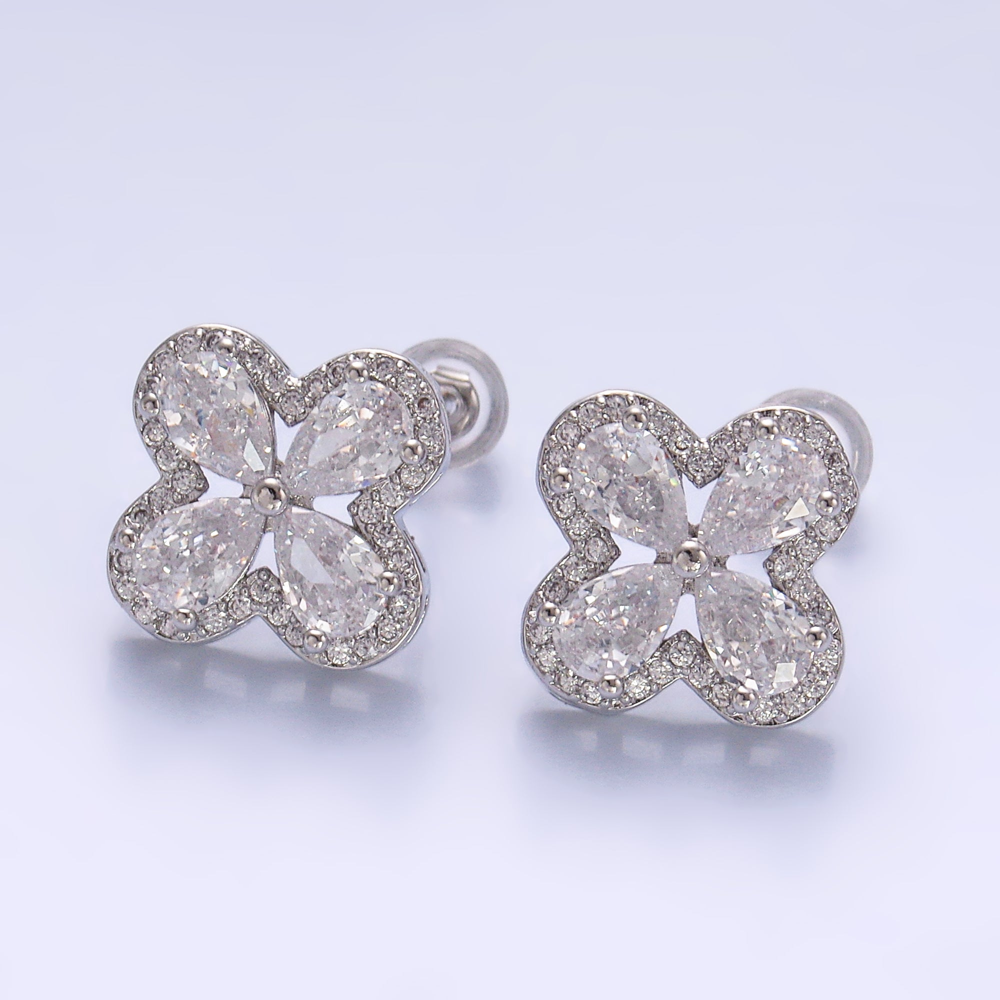 24K Gold Filled Clear CZ Micro Paved CZ Quatrefoil Stud Earrings in Gold & Silver | AB688 AB689