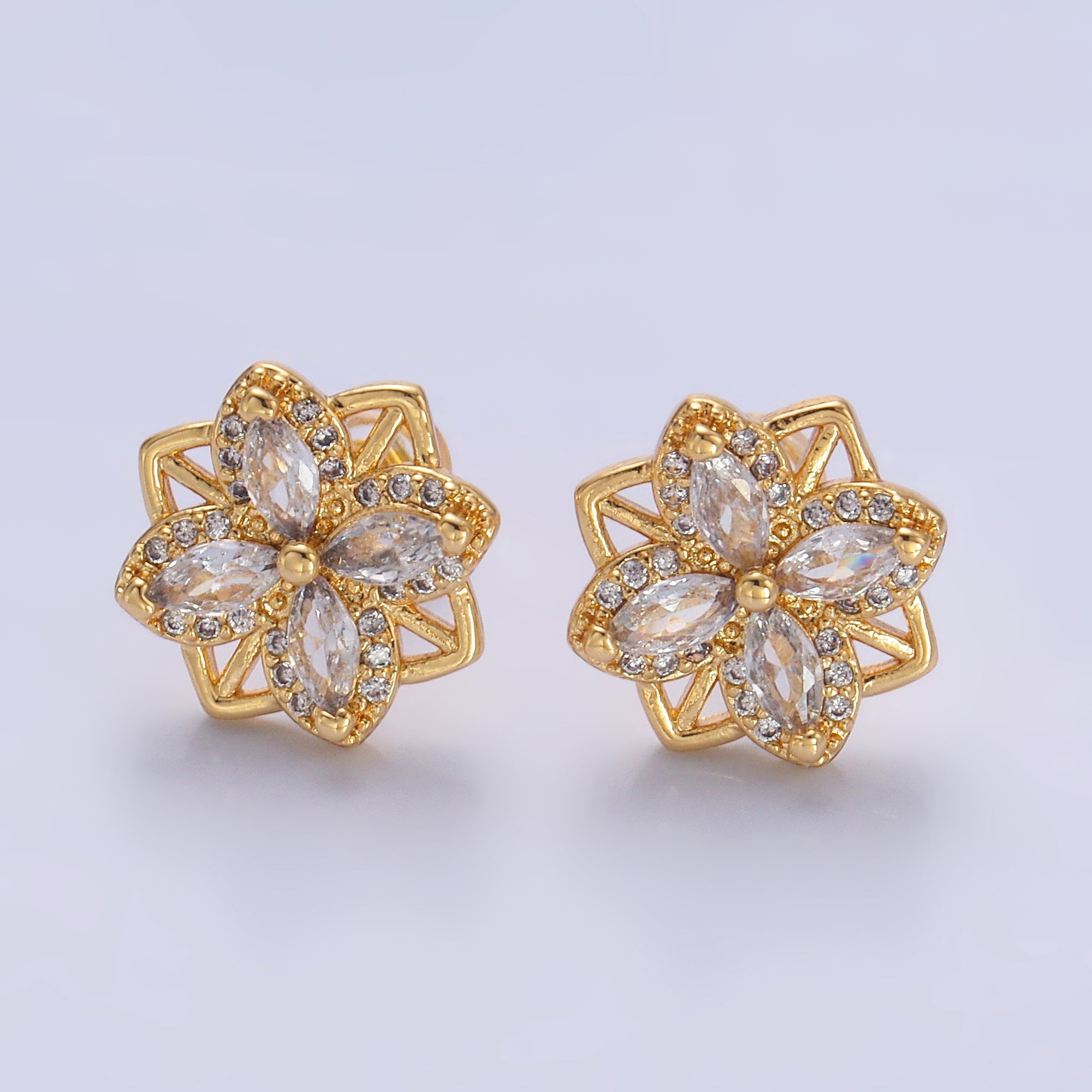 24K Gold Filled Clear CZ Geometric Flower Stud Earrings in Gold & Silver | AB690 AB691