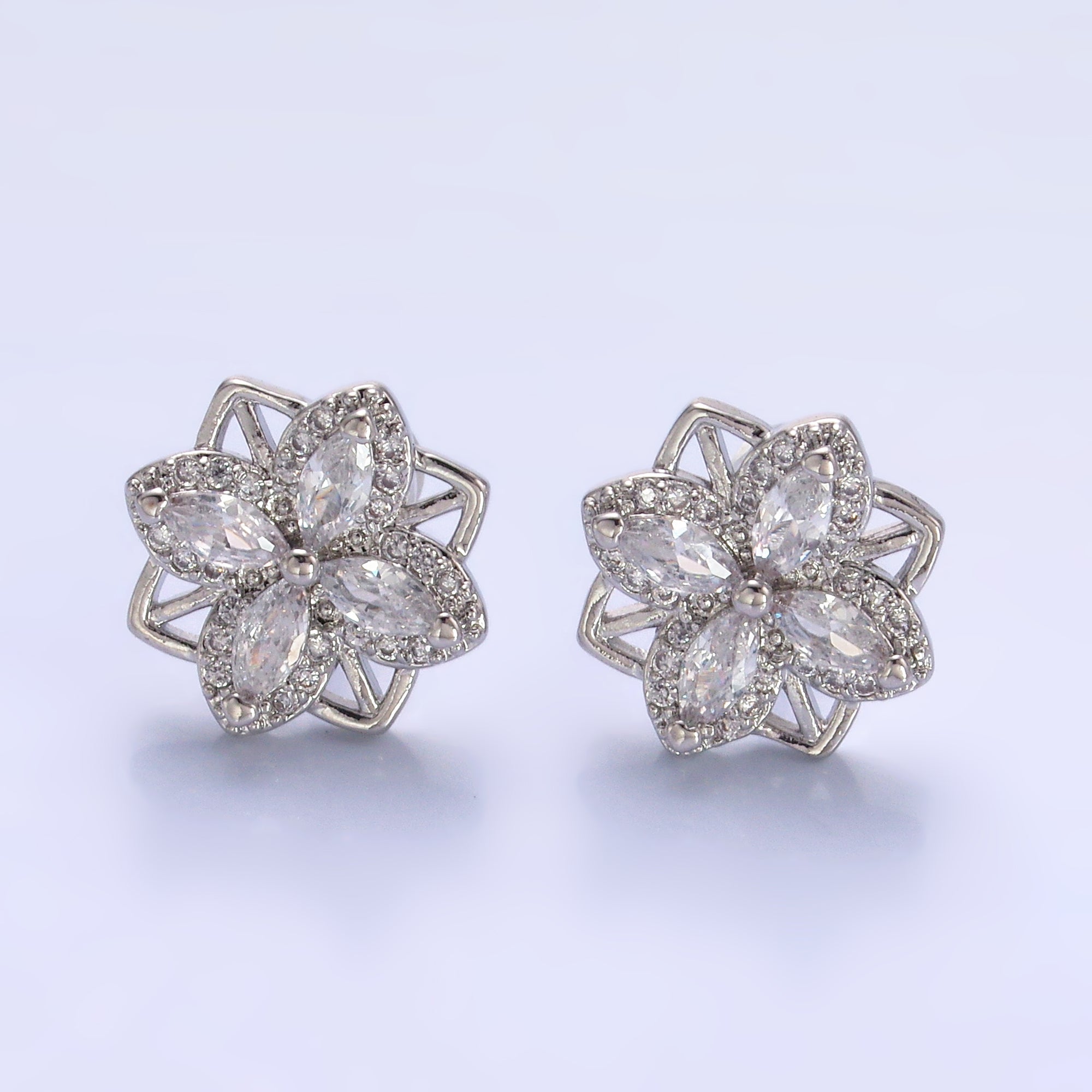 24K Gold Filled Clear CZ Geometric Flower Stud Earrings in Gold & Silver | AB690 AB691