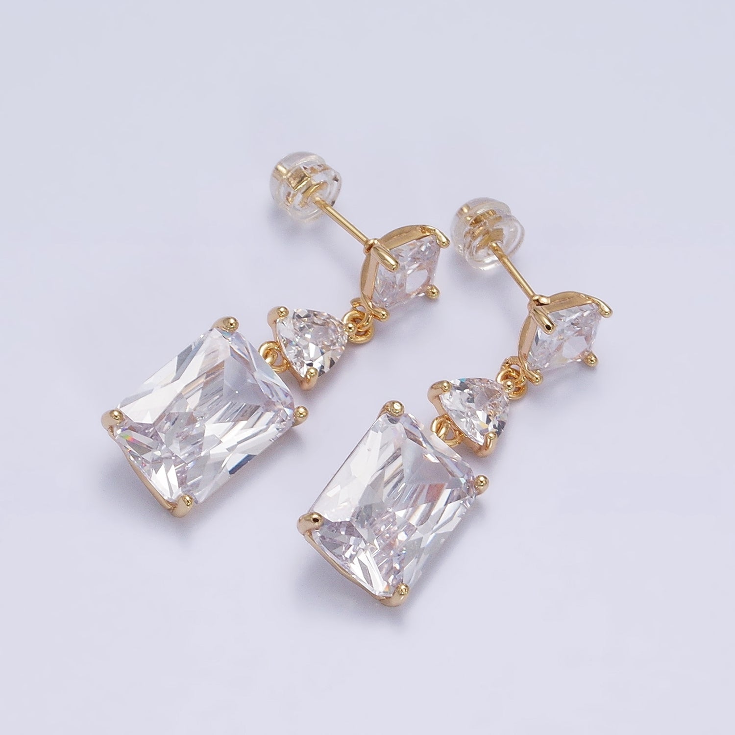 Gold Stud Earring with Drop Rectangle Colorful Cubic Zirconia Stone in Silver, Gold Earring AB690 - AB701 - DLUXCA