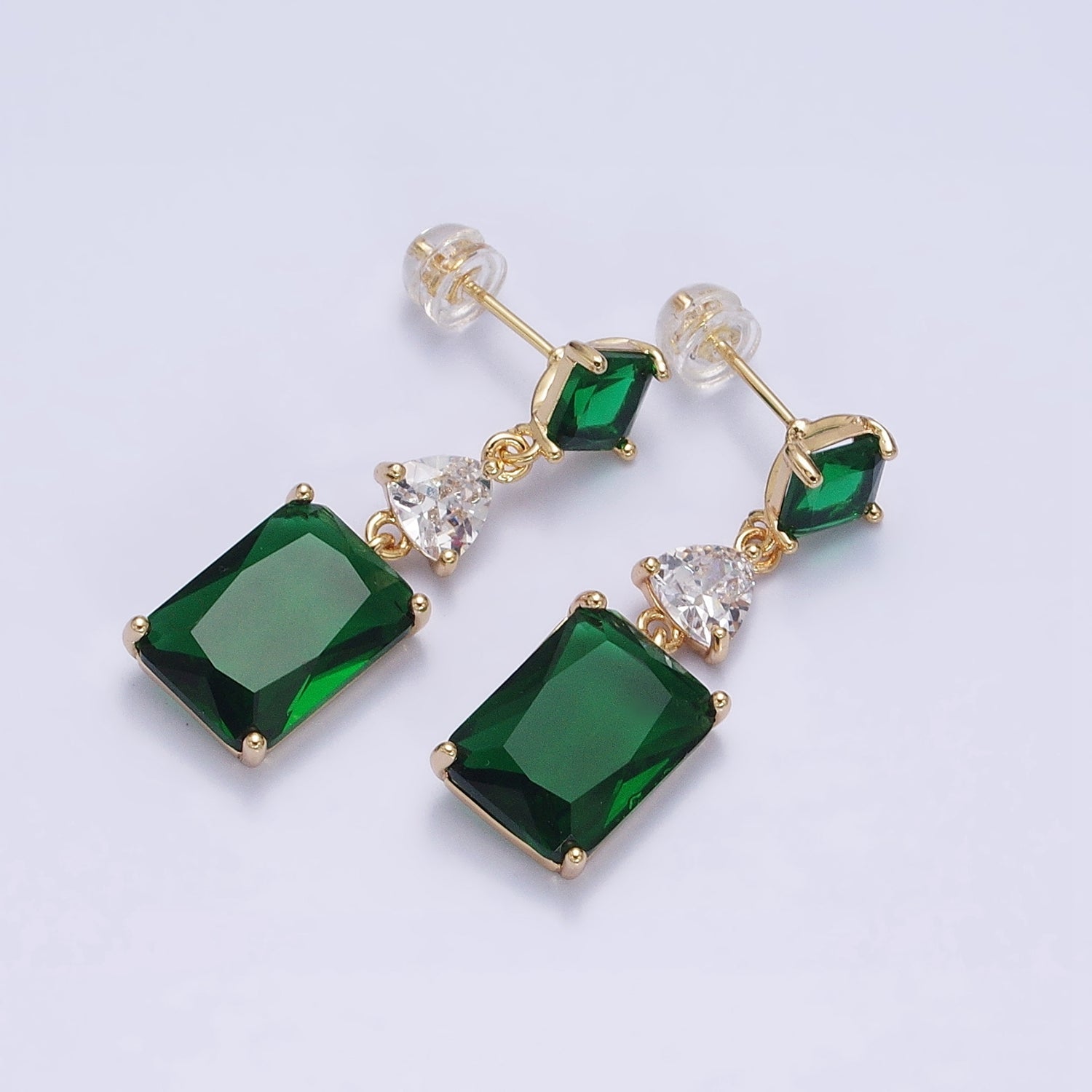 Gold Stud Earring with Drop Rectangle Colorful Cubic Zirconia Stone in Silver, Gold Earring AB690 - AB701 - DLUXCA