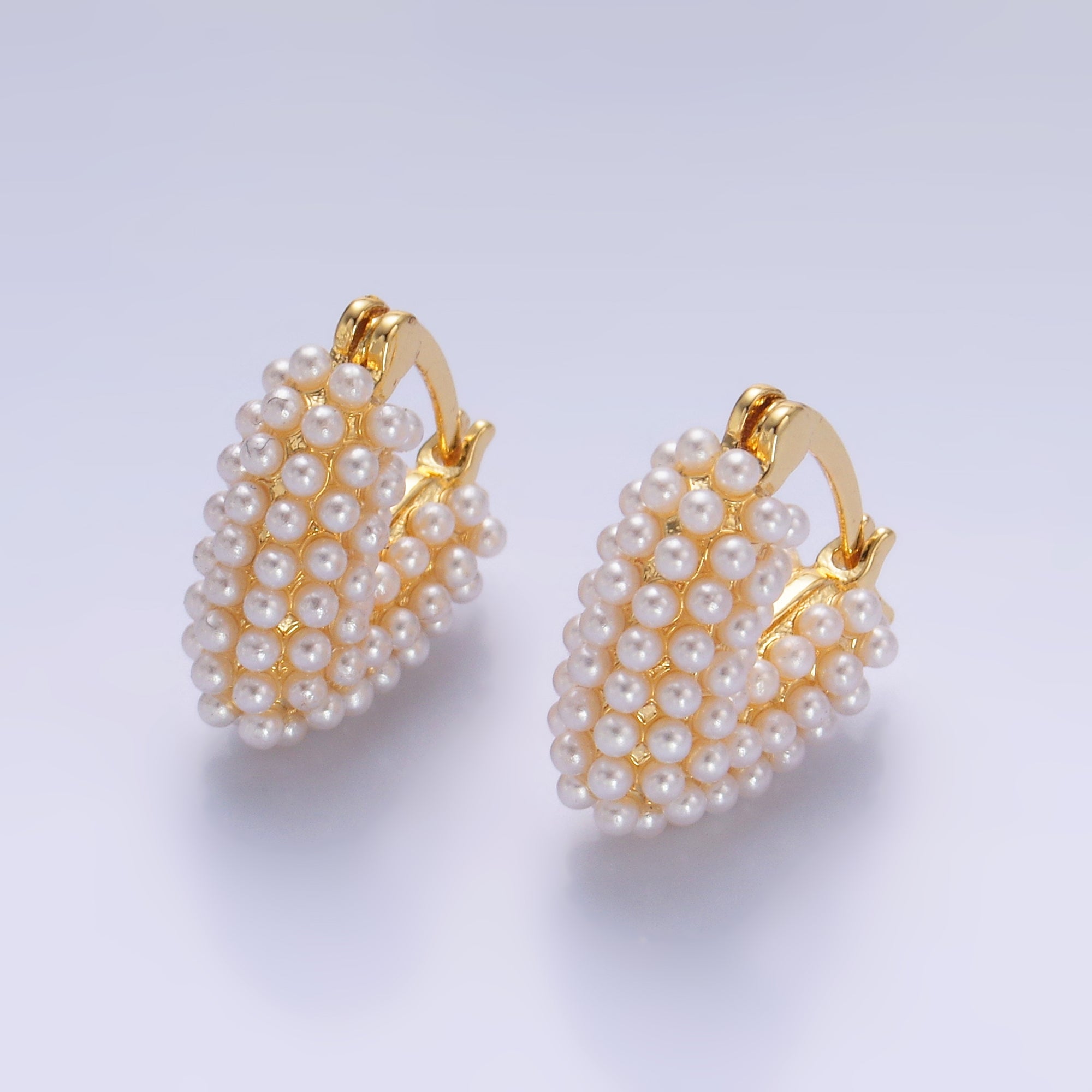 24K Gold Filled Shell Pearl Dotted Heart V-Shaped Latch Hoop in Gold & Silver | AB694 AB695