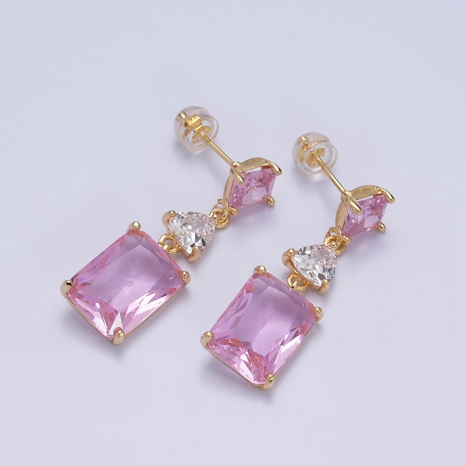 16K Gold Filled Purple, Blue, Clear, Green, Pink, Red Baguette Rhombus CZ Drop Stud Earrings in Gold & Silver | AB690 - AB701