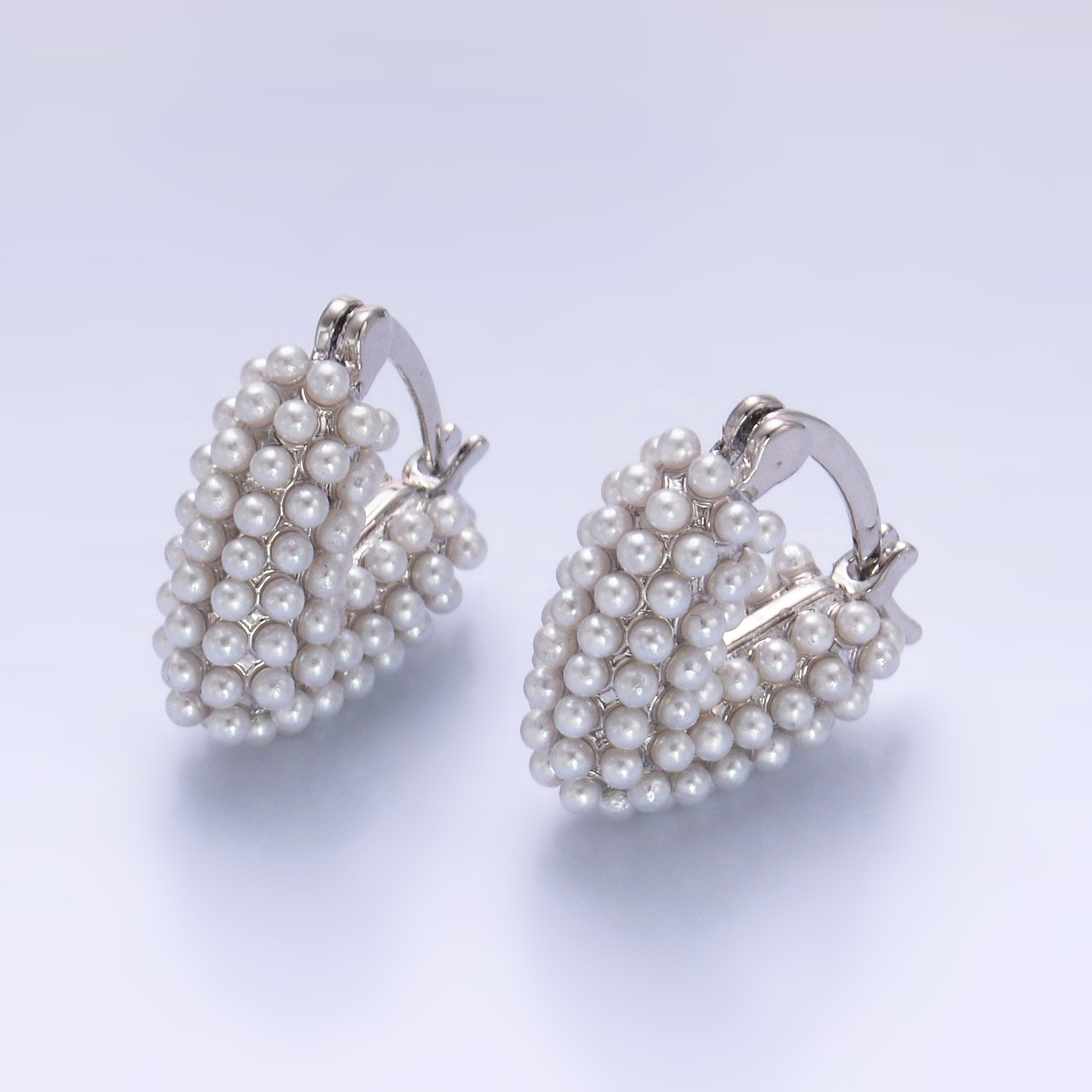 24K Gold Filled Shell Pearl Dotted Heart V-Shaped Latch Hoop in Gold & Silver | AB694 AB695