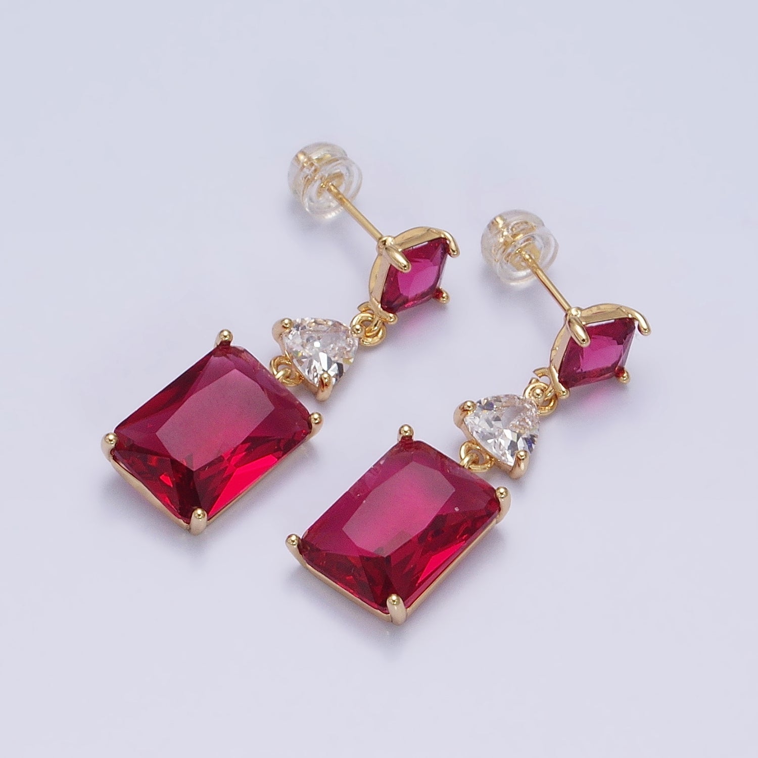 16K Gold Filled Purple, Blue, Clear, Green, Pink, Red Baguette Rhombus CZ Drop Stud Earrings in Gold & Silver | AB690 - AB701