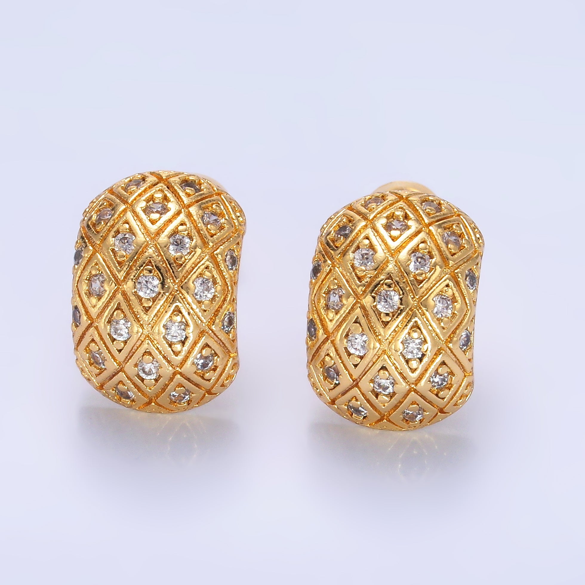 24K Gold Filled CZ Geometric Quilted Wide J-Shaped Hoop Earrings | AB708