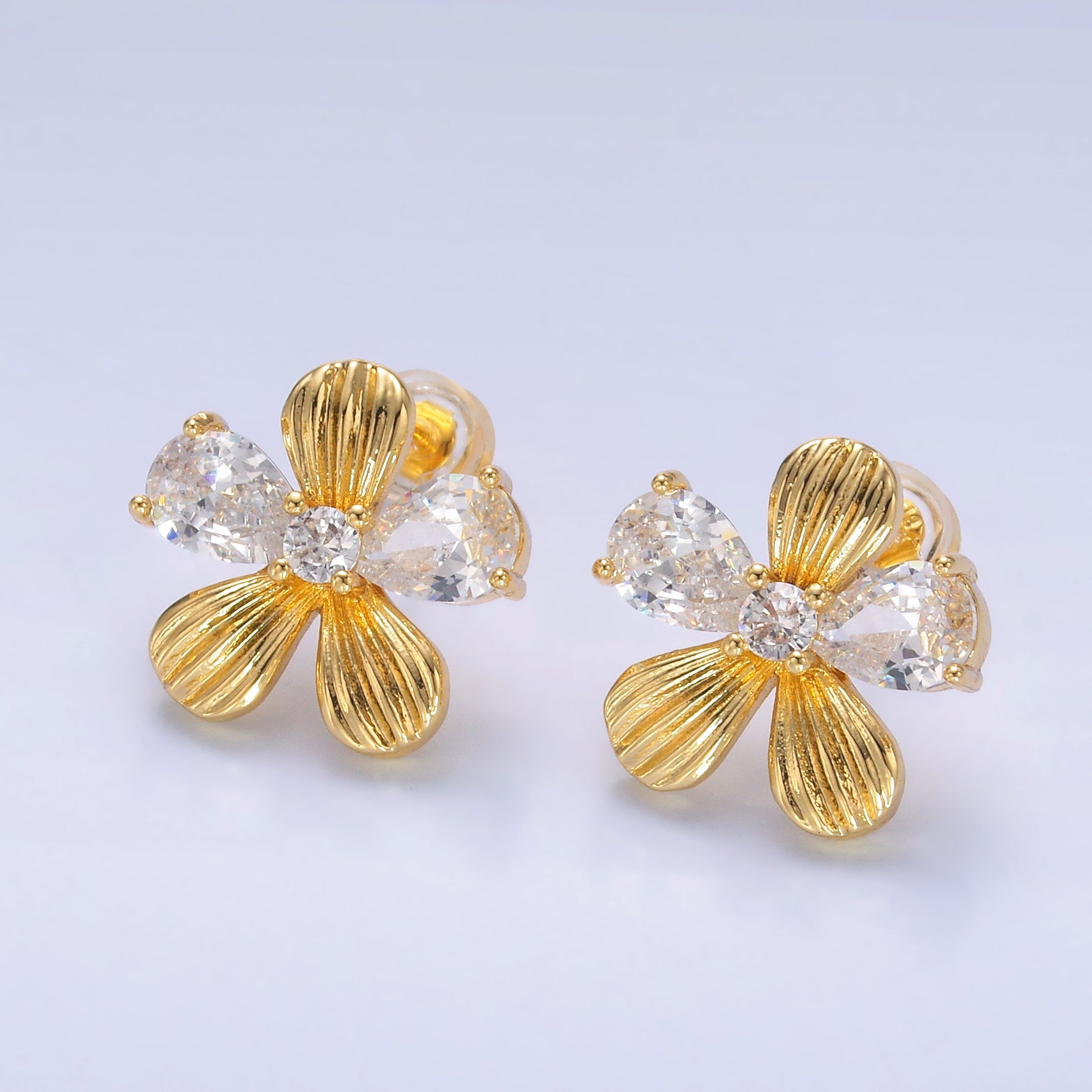 24K Gold Filled CZ Flower Lined Stud Earrings | AB710