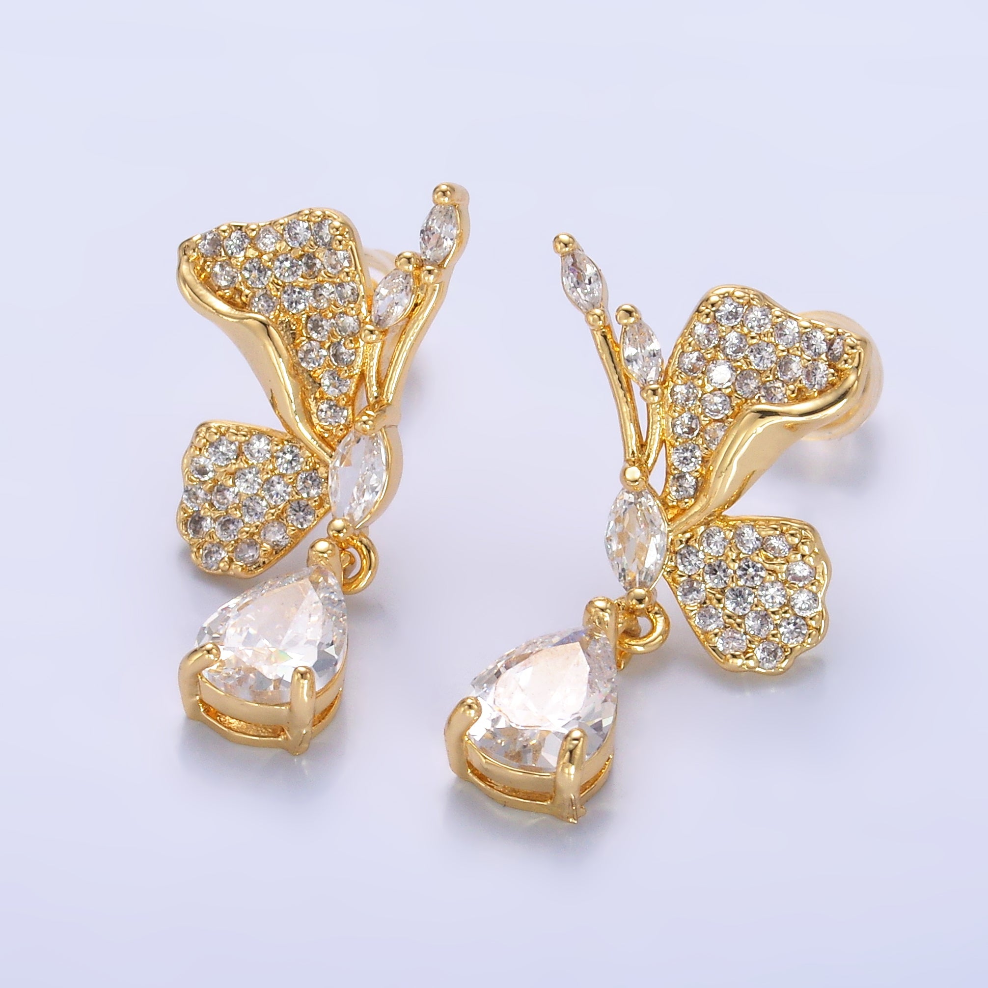 24K Gold Filled Butterfly Micro Paved CZ Teardrop Drop Stud Earrings Set | AB711