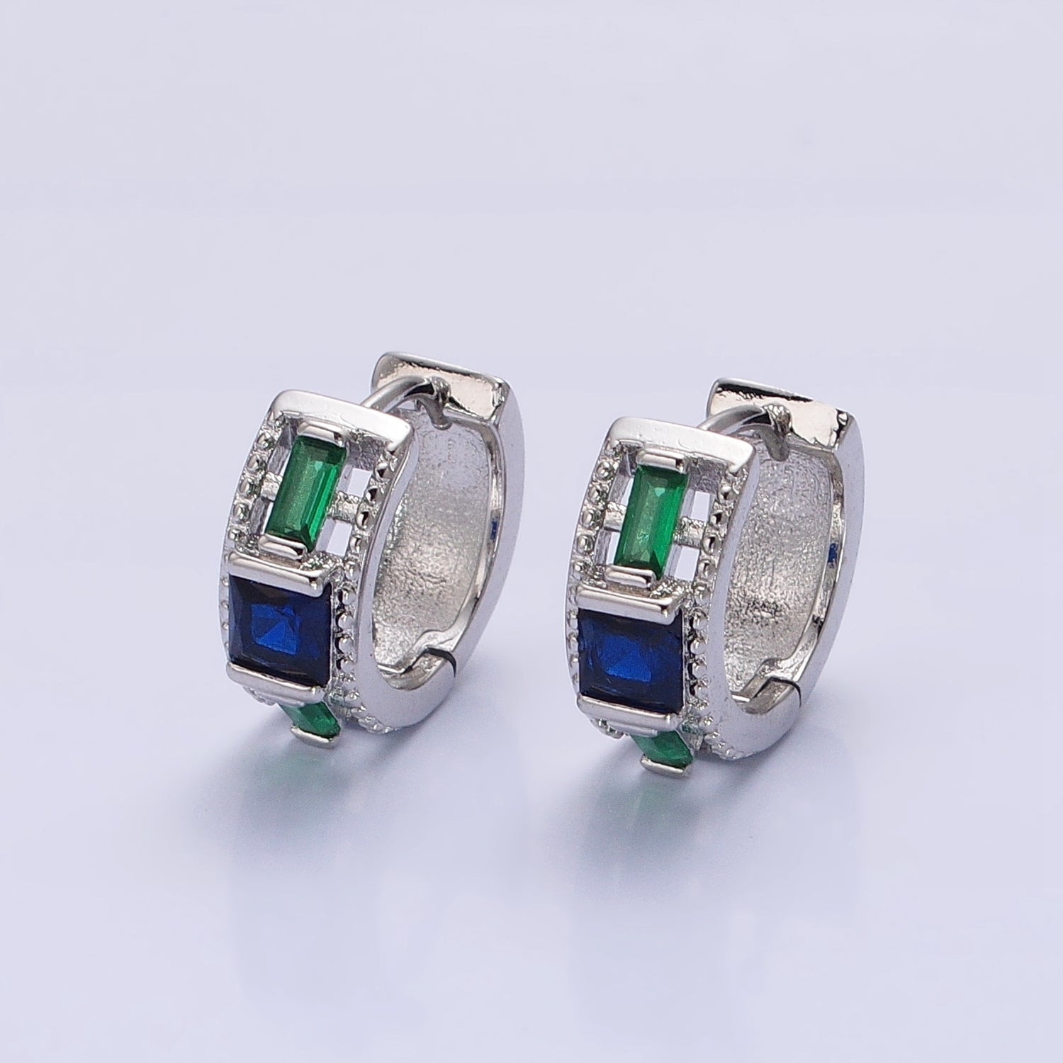 Silver, Gold Green Baguette Blue Square CZ Lined Wide 13.5mm Huggie Earrings | AB804 AB822 - DLUXCA