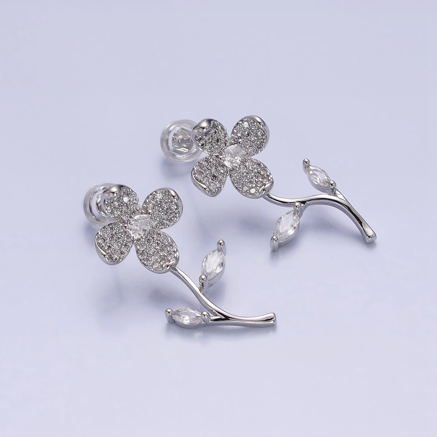 Silver, Gold Blooming Flower Marquise Leaf Micro Paved CZ Stud Earrings | AB812 AB832 - DLUXCA