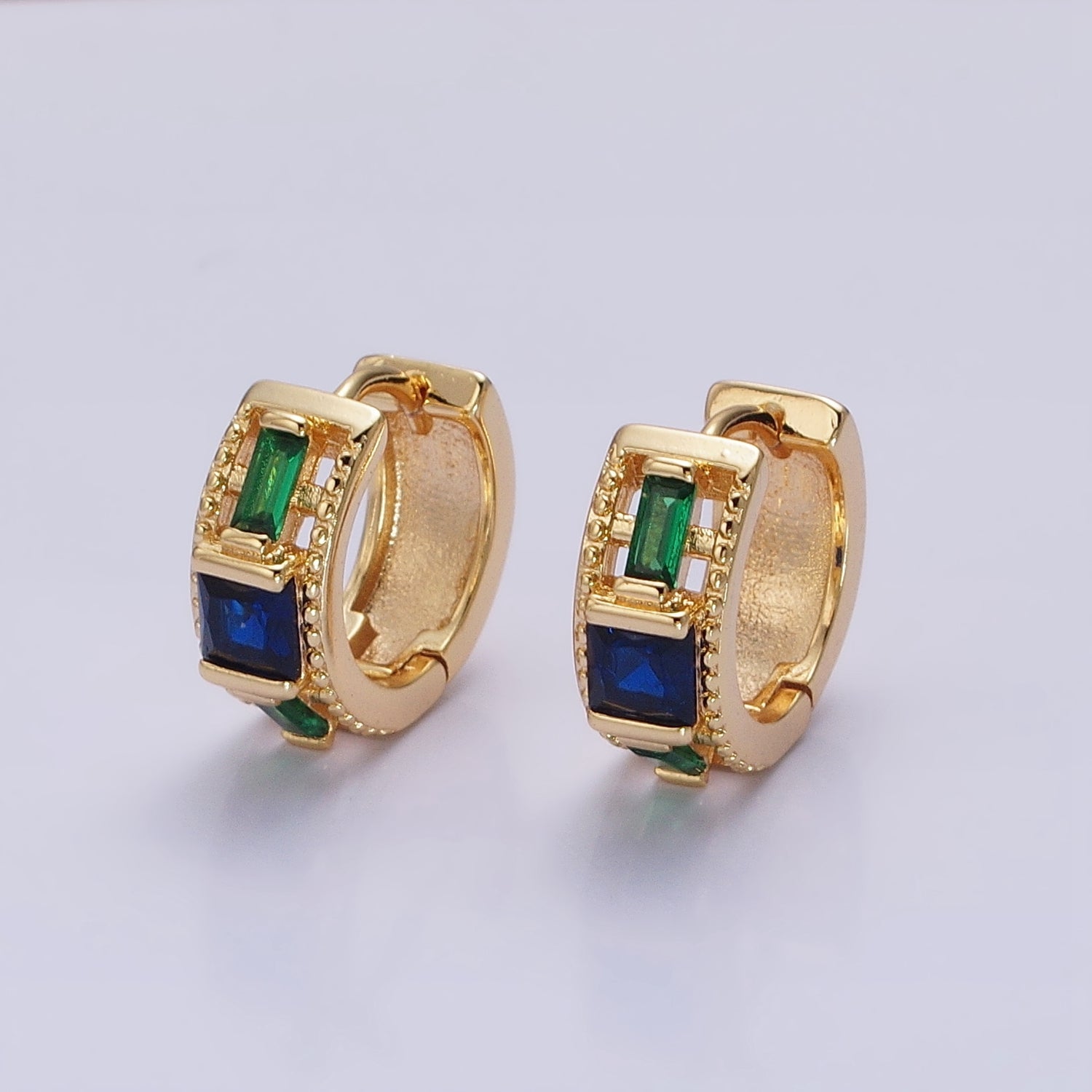 Silver, Gold Green Baguette Blue Square CZ Lined Wide 13.5mm Huggie Earrings | AB804 AB822
