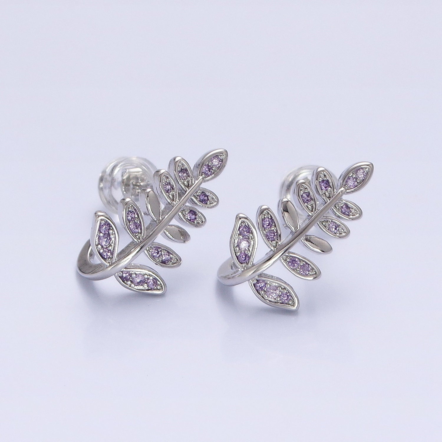 Silver, Gold Long Majesty Palm Leaf Fuchsia, Clear, Green, Blue, Pink, Purple Micro Paved Stud Earring | AB872 - AB223 - DLUXCA