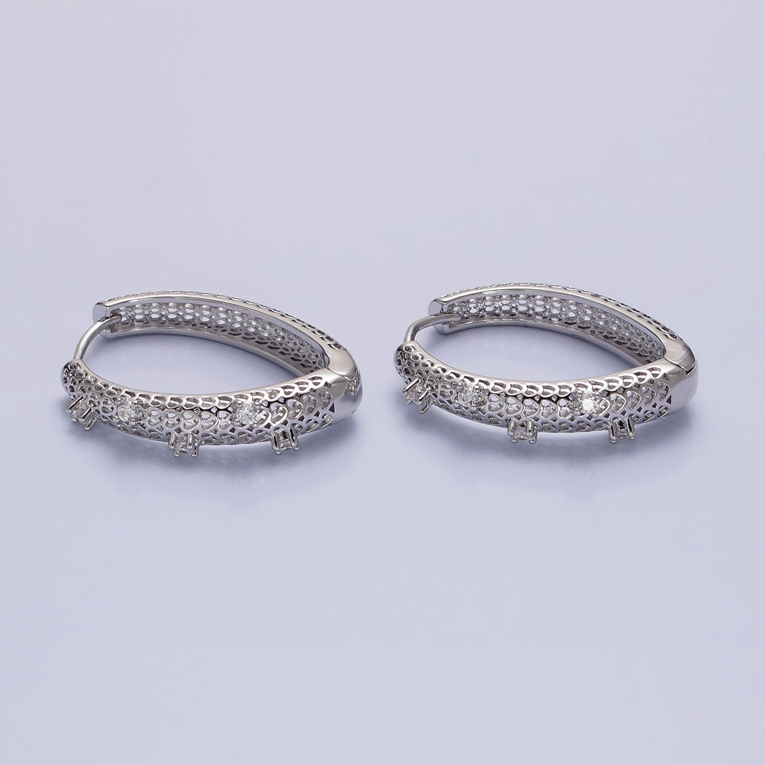 Silver, Gold Filigree CZ Dotted Geometric Triangle Hoop Earrings | AB894 AB929