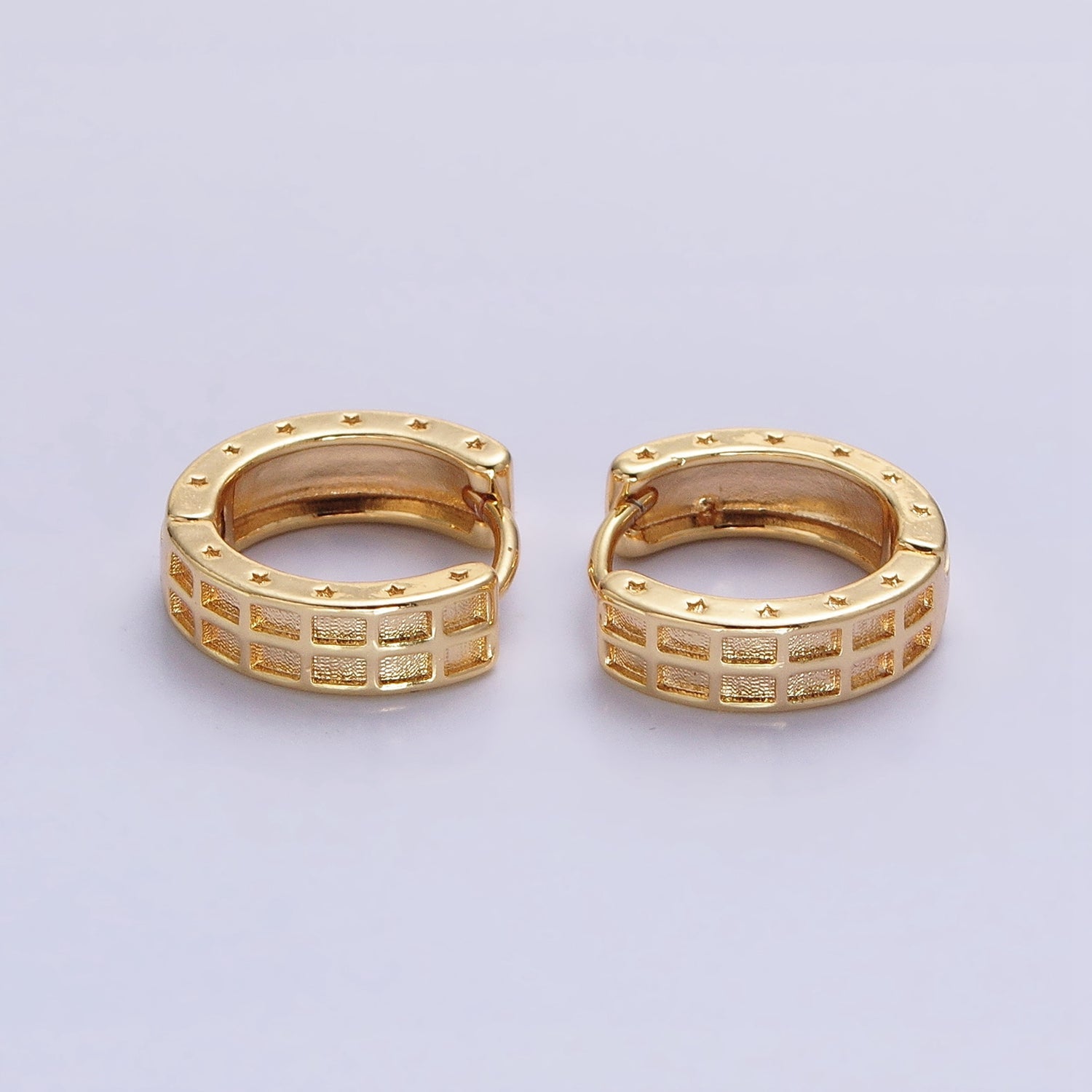 Gold, Silver Double Wide Rectangular Celestial Star Pressed 13mm Huggie Earrings | AB970 AB971