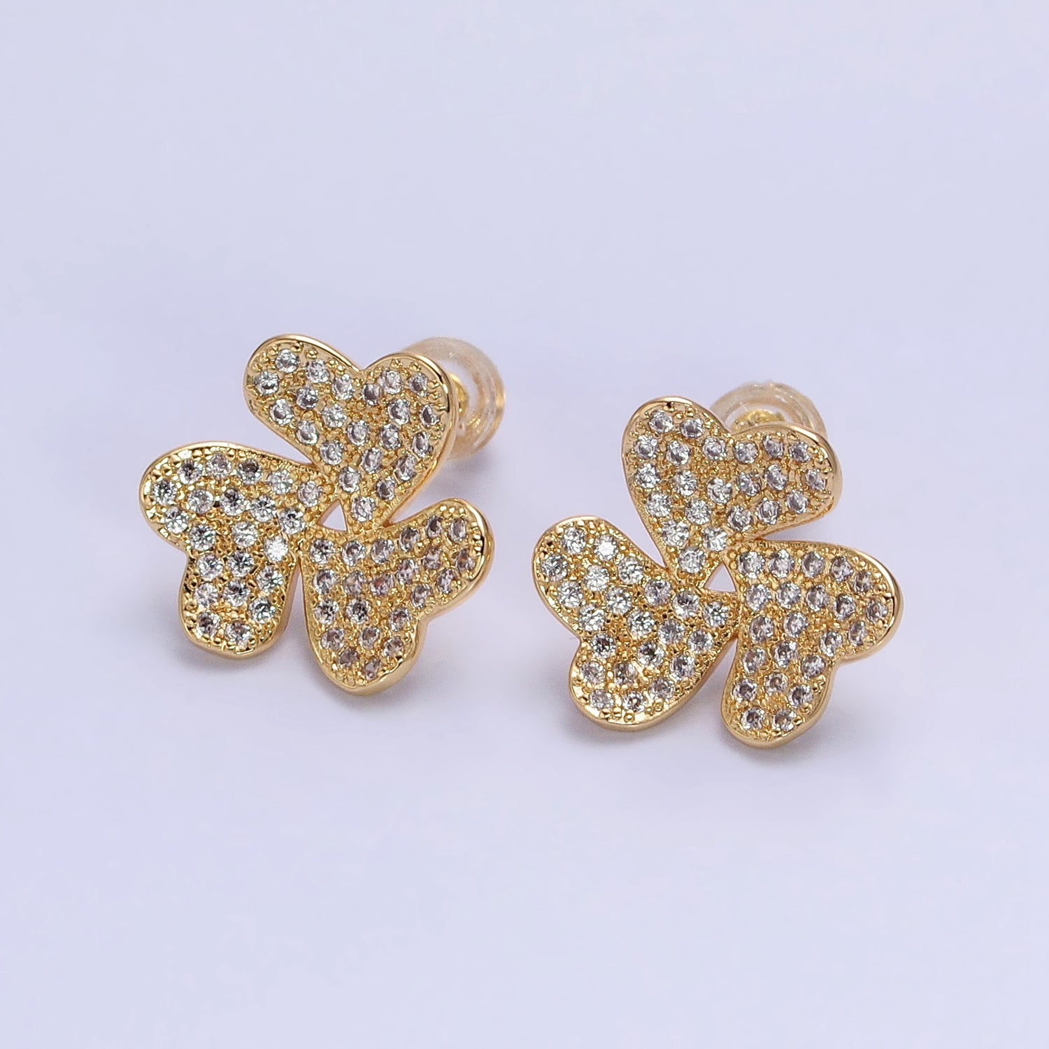 Silver, Gold Triple Micro Paved CZ Heart Flower Love Stud Earrings | AB961 AB972 - DLUXCA