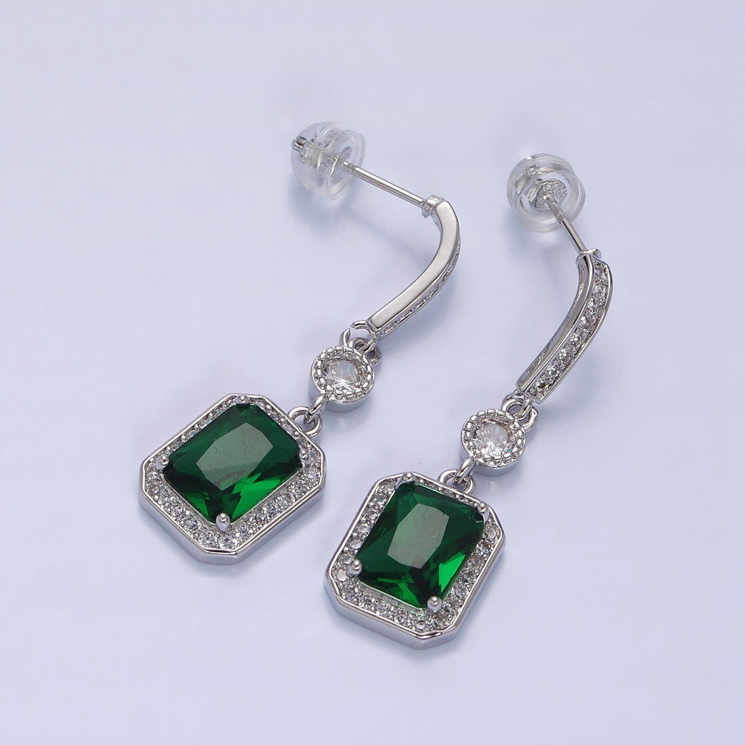 Silver, Gold Baguette Purple, Clear, Green, Red Blue Drop Dangle Micro Paved Bar Stud Earrings | AB987 - AB996