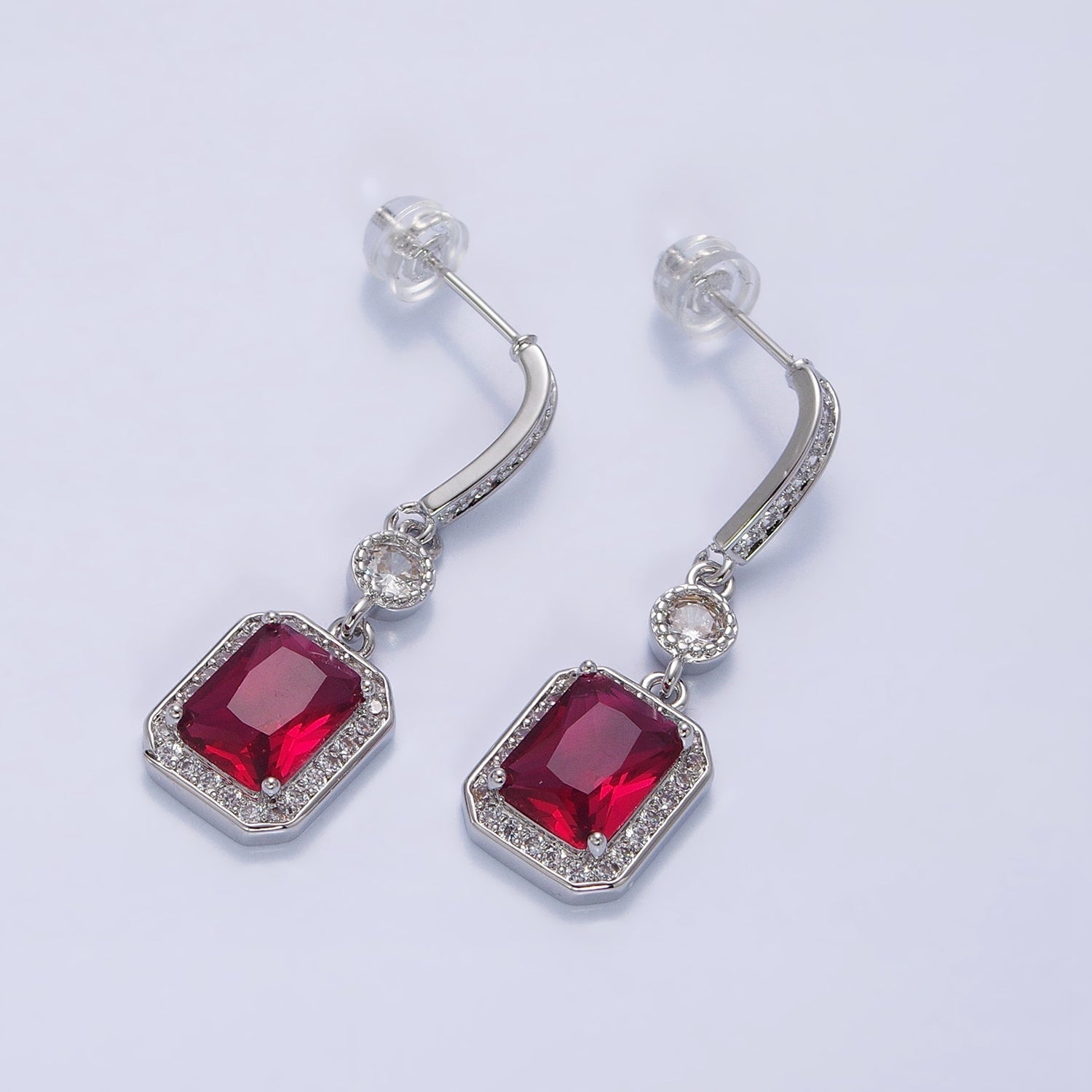 Silver, Gold Baguette Purple, Clear, Green, Red Blue Drop Dangle Micro Paved Bar Stud Earrings | AB987 - AB996 - DLUXCA