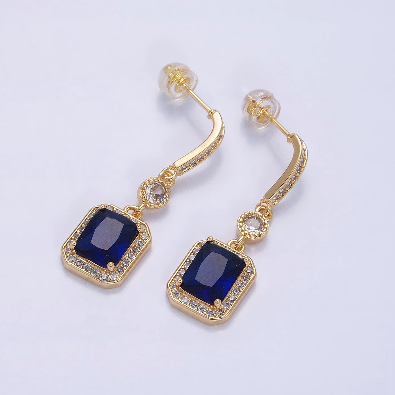 Silver, Gold Baguette Purple, Clear, Green, Red Blue Drop Dangle Micro Paved Bar Stud Earrings | AB987 - AB996