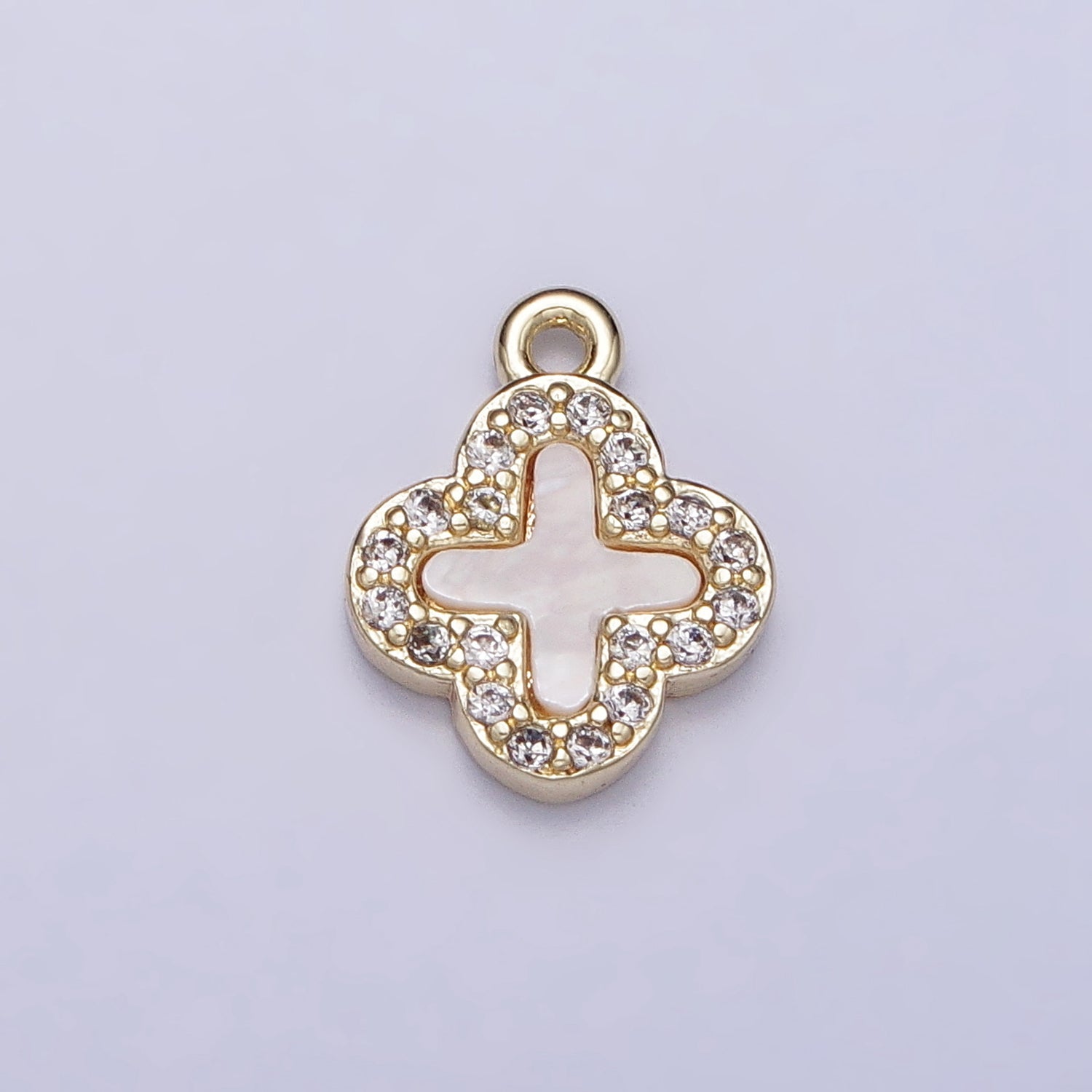 14K Gold Filled 16.5mm Clover Quatrefoil Shell Pearl CZ Micro Paved Charm | AC1052 - DLUXCA