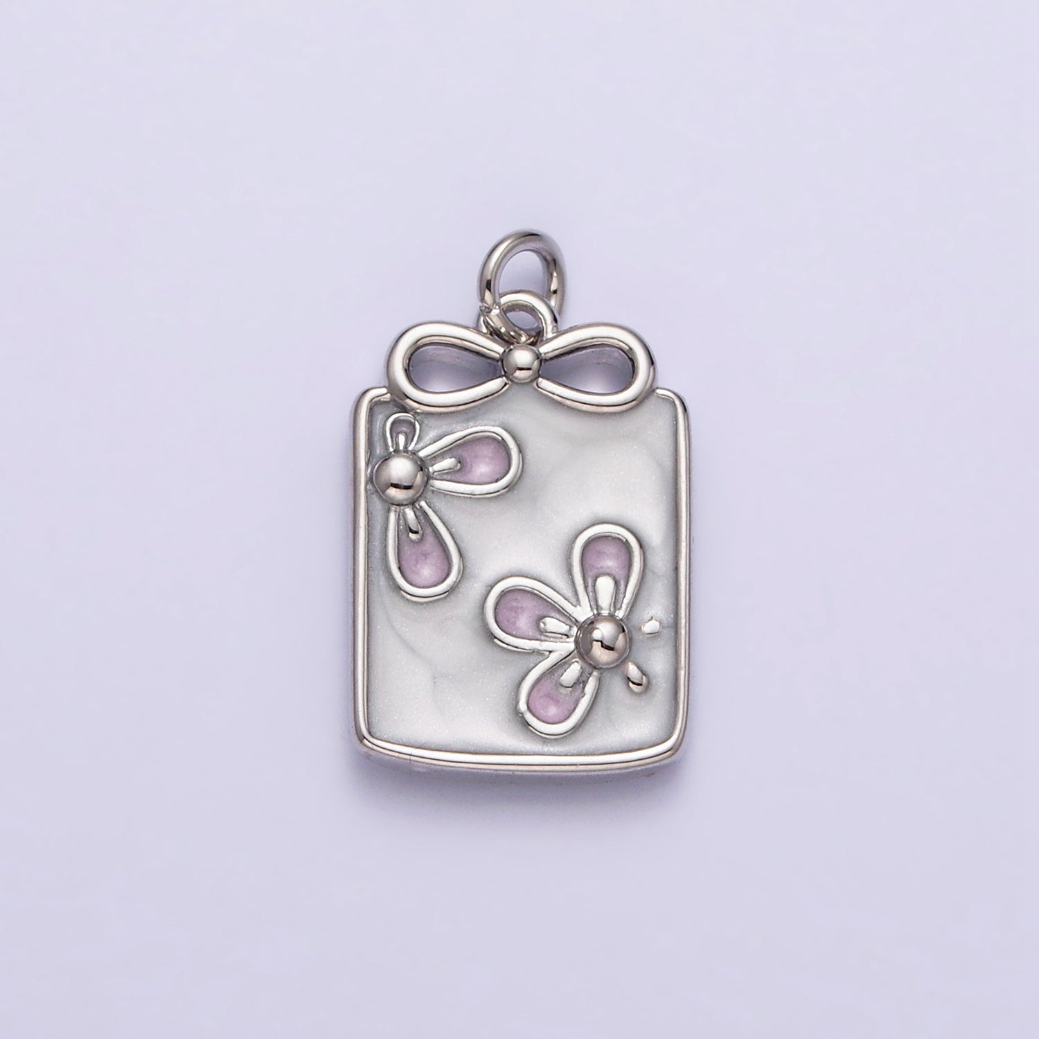 16K Gold Filled Flower White, Blue, Pink Sparkly Enamel Ribbon Bow Rectangular Charm in Gold & Silver | AC1344 - AC1349