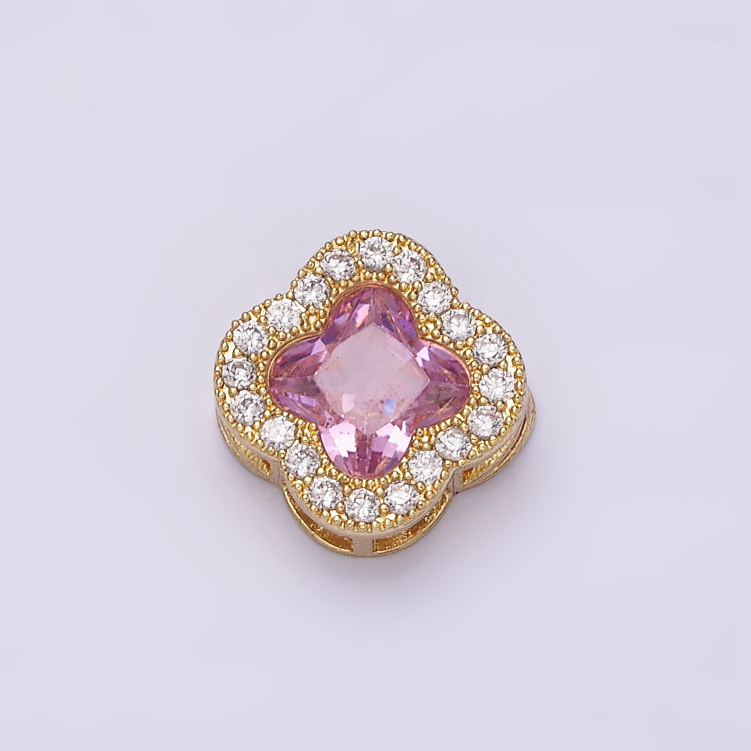 24K Gold Filled 11.5mm Pink Micro Paved CZ Quatrefoil Clover Bead | AC862 - DLUXCA