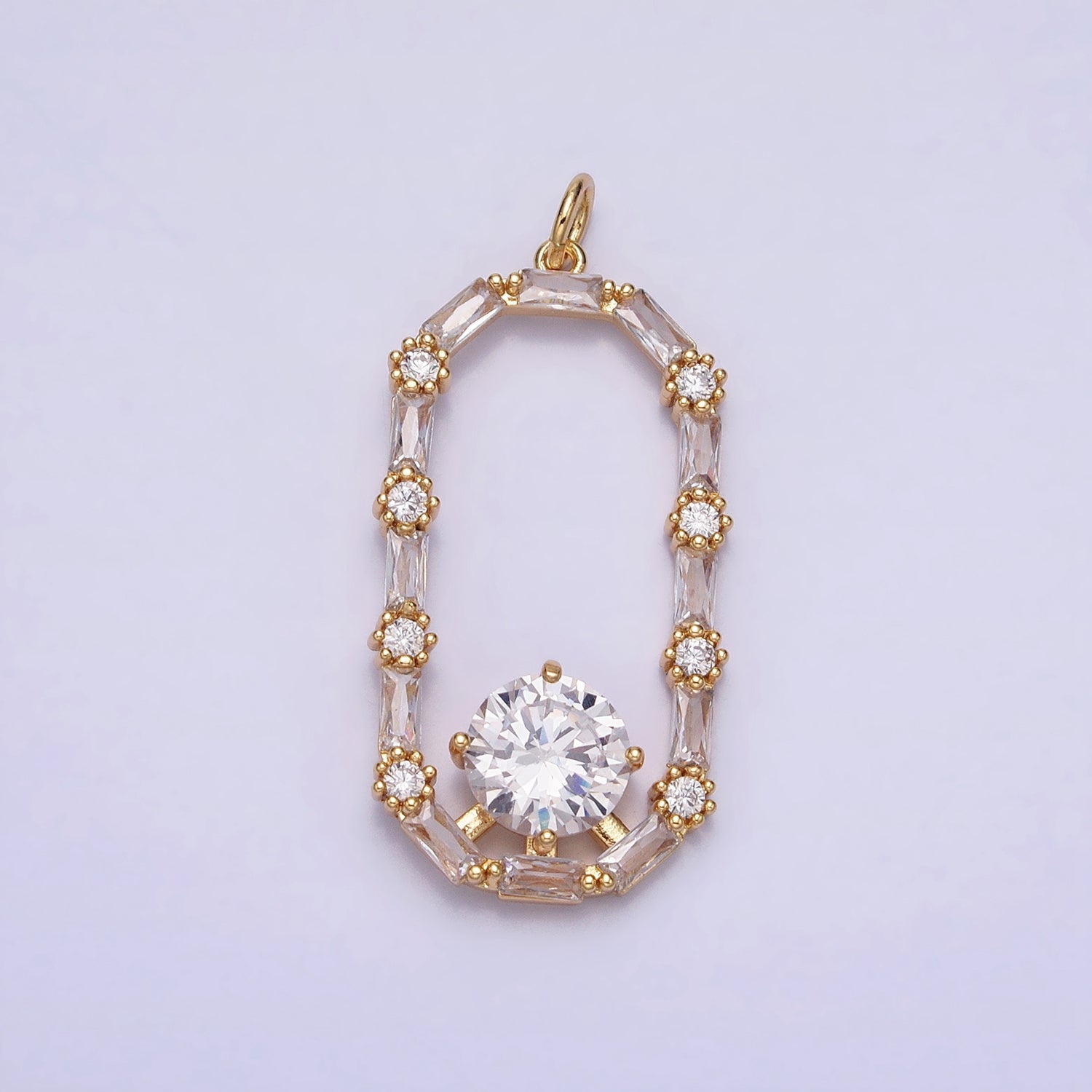 16K Gold Filled Open Oblong Clear CZ Baguette Round CZ Charm in Gold & Silver | AC970 AC971