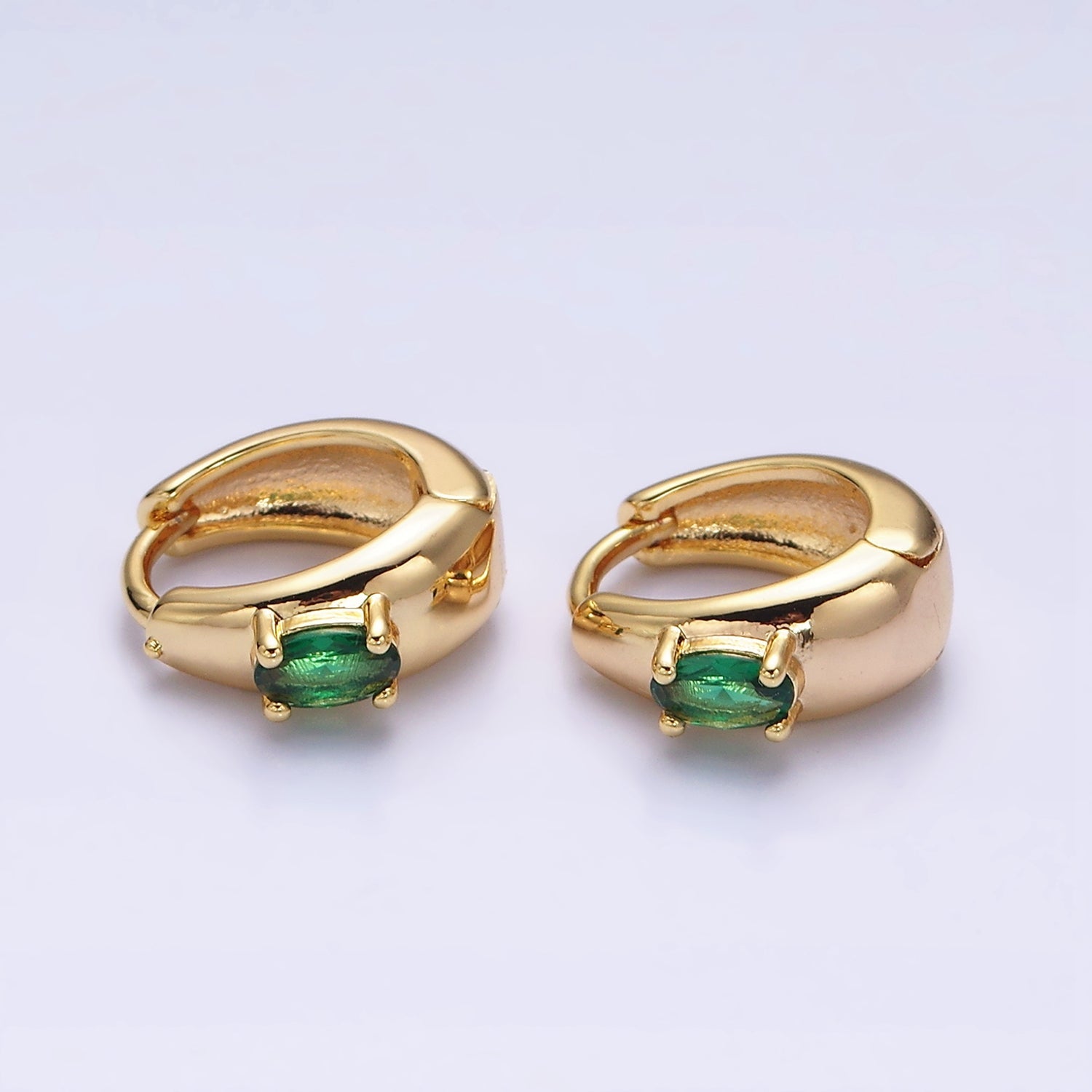 16K Gold Filled Emerald Green Oval CZ Dome 13mm Huggie Earrings in Silver & Gold | AB1501 AD1016