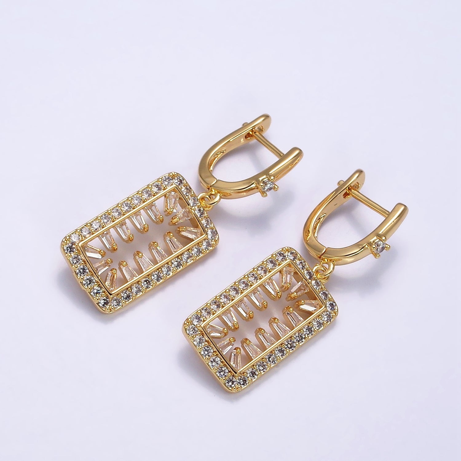 16K Gold Filled Clear Triangle Baguette Open Micro Paved Tag Drop English Lock Earrings in Silver & Gold | AB1504 AD1017