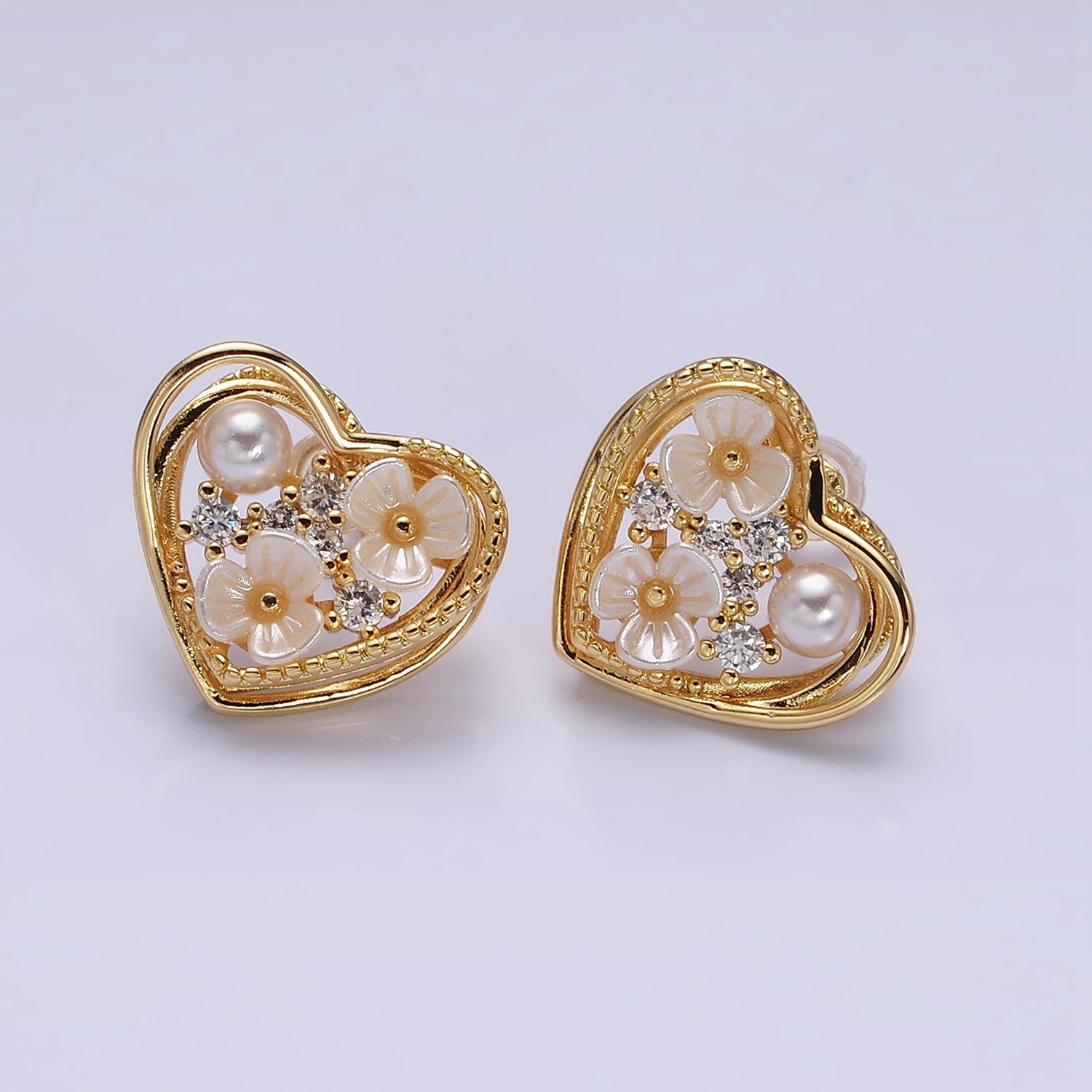 Gold, Silver Double Flower Pearl CZ Framed Hearts Stud Earrings | AD1052 AD1053