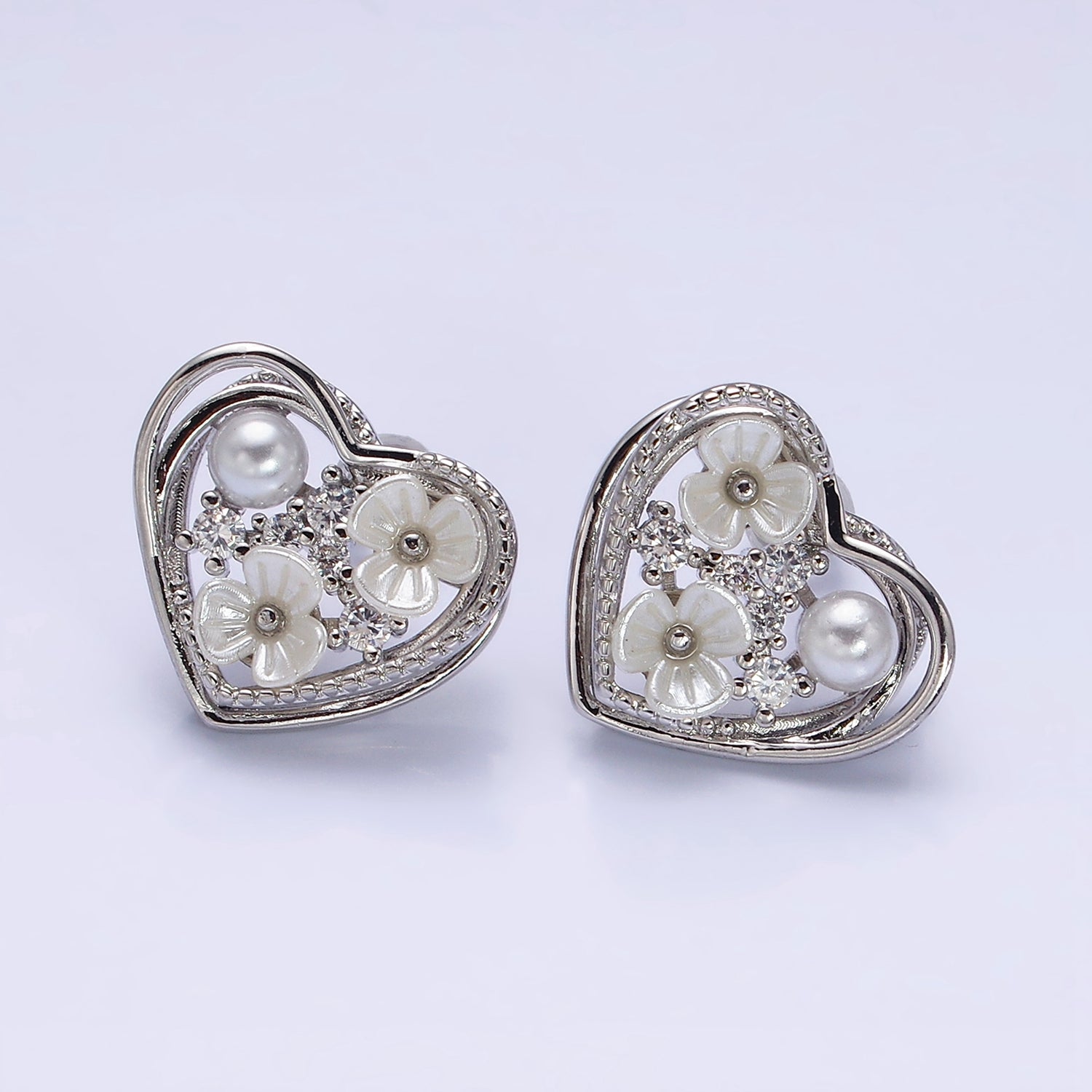Gold, Silver Double Flower Pearl CZ Framed Hearts Stud Earrings | AD1052 AD1053 - DLUXCA