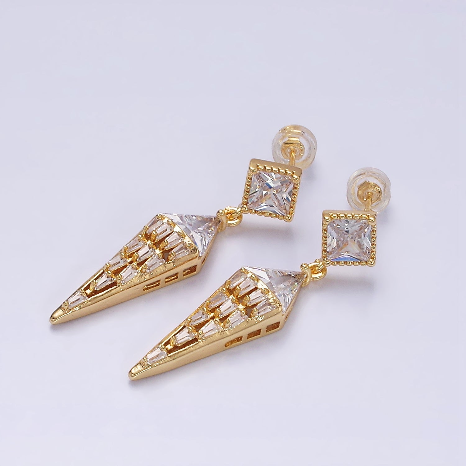 16K Gold Filled Triangle Baguette Arrow Drop Clear Rhombus Stud Earrings in Gold & Silver | AD1070 AD1071