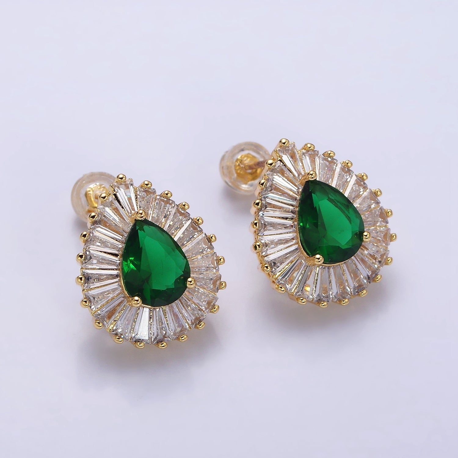 16K Gold Filled Green Teardrop CZ Baguette Stud Earrings in Gold & Silver | AD1084 AD1085