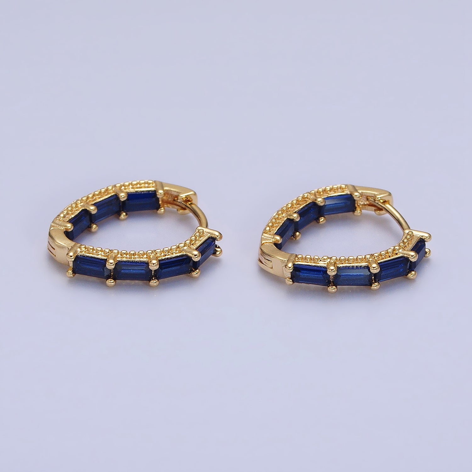 16K Gold Filled Blue, Green Baguette CZ Front-Sided Triangle Hoop Earrings in Gold & Silver | AD1108 - AD1111