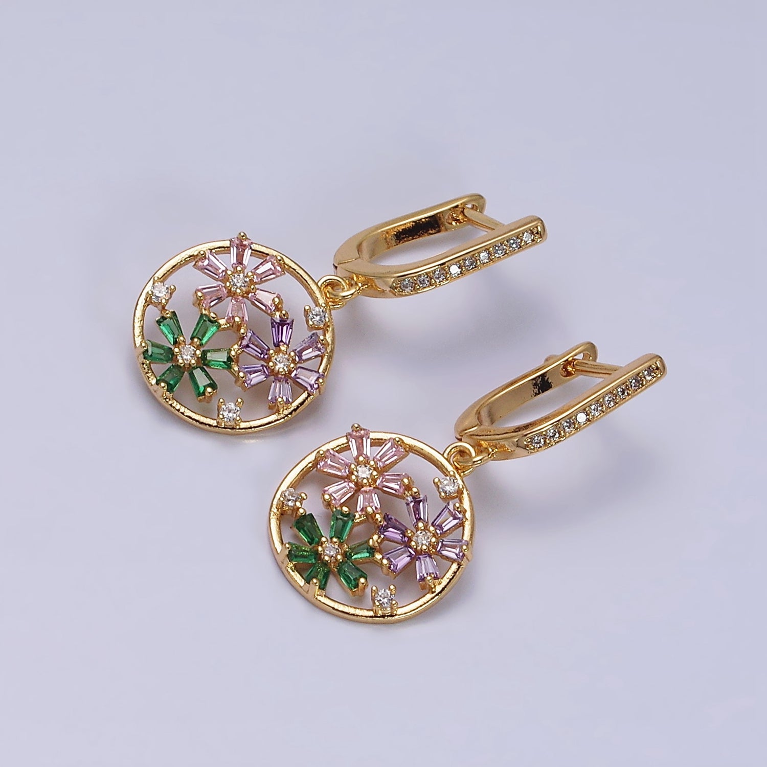 16K Gold Filled Flower Baguette Multicolor Open Drop Micro Paved English Lock Earrings in Gold & Silver | AD1179 AD1180 - DLUXCA