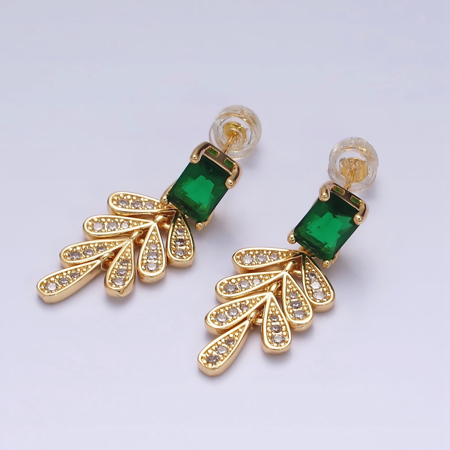 16K Gold Filled Green Baguette Micro Paved CZ Olive Leaf Drop Stud Earrings in Gold & Silver | AD1187 AD1228 - DLUXCA
