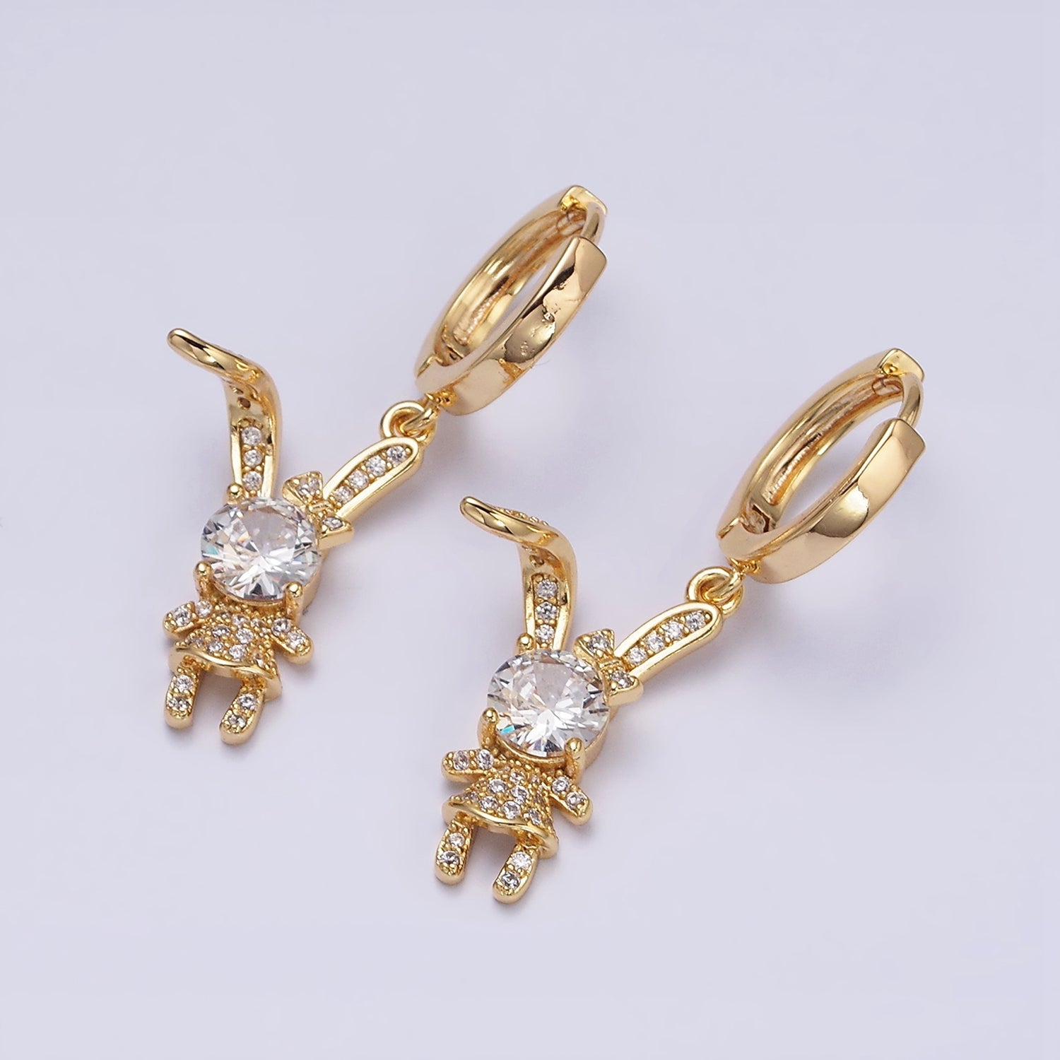 16K Gold Filled Bunny Rabbit Clear, Pink CZ Micro Paved Drop Huggie Earrings in Gold & Silver | AD1227 AE822 - AE824 - DLUXCA