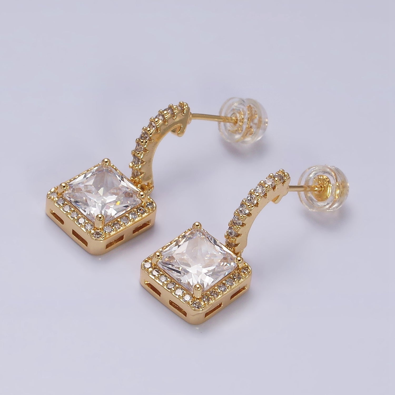 16K Gold Filled Clear Square CZ C-Shaped Hoop Earrings in Gold & Silver | AD1257 AD1258 - DLUXCA