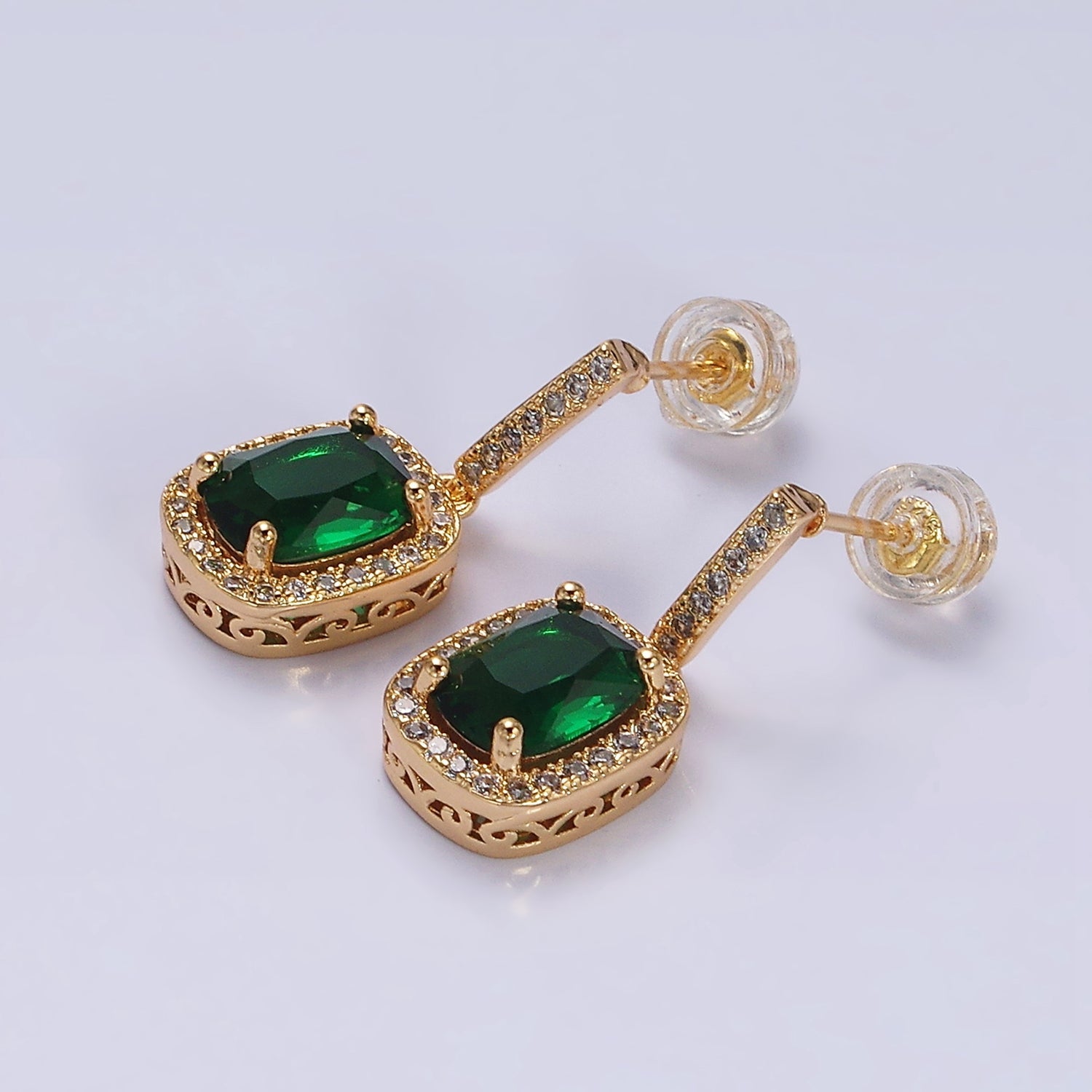 16K Gold Filled Green Oval CZ Micro Paved CZ Linear Drop Stud Earrings in Gold & Silver | AD1267 AD1268 - DLUXCA