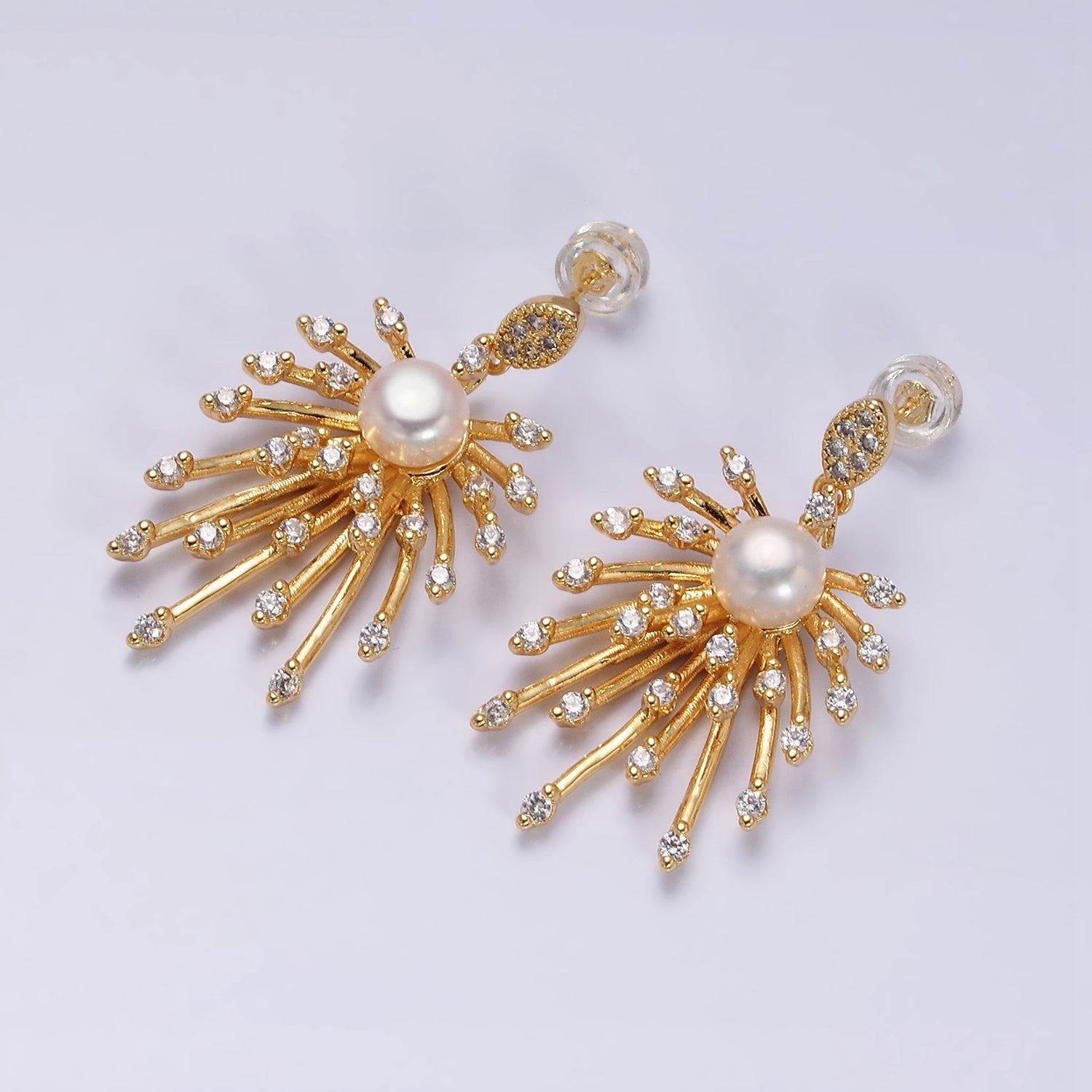 16K Gold Filled Celestial Fireworks Sunburst Pearl CZ Stud Earrings in Gold & Silver | AD1273 AD1274