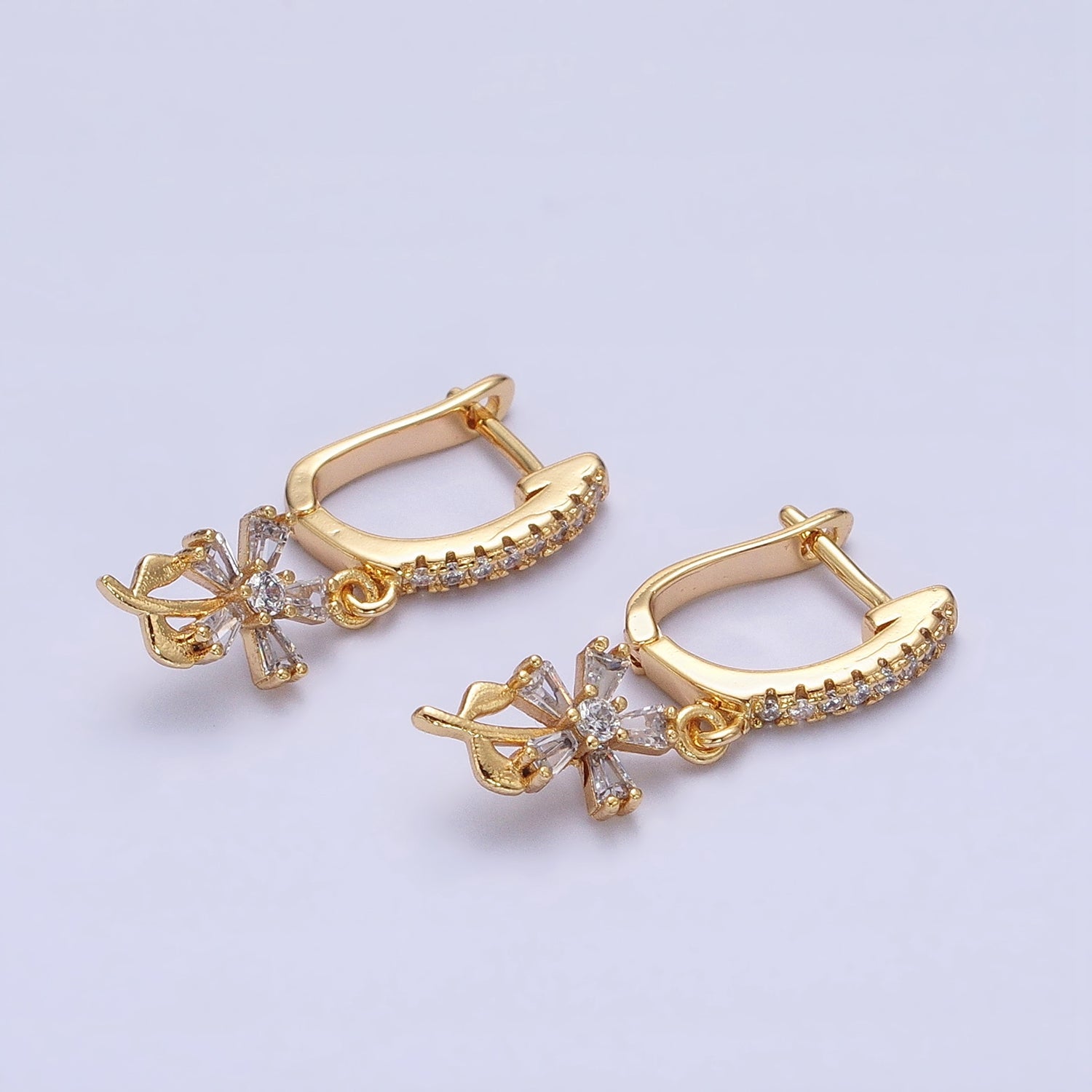 16K Gold Filled Clear Baguette Flower Plant Drop Micro Paved CZ English Lock Earrings in Gold & Silver | AD1283 AD1284 - DLUXCA