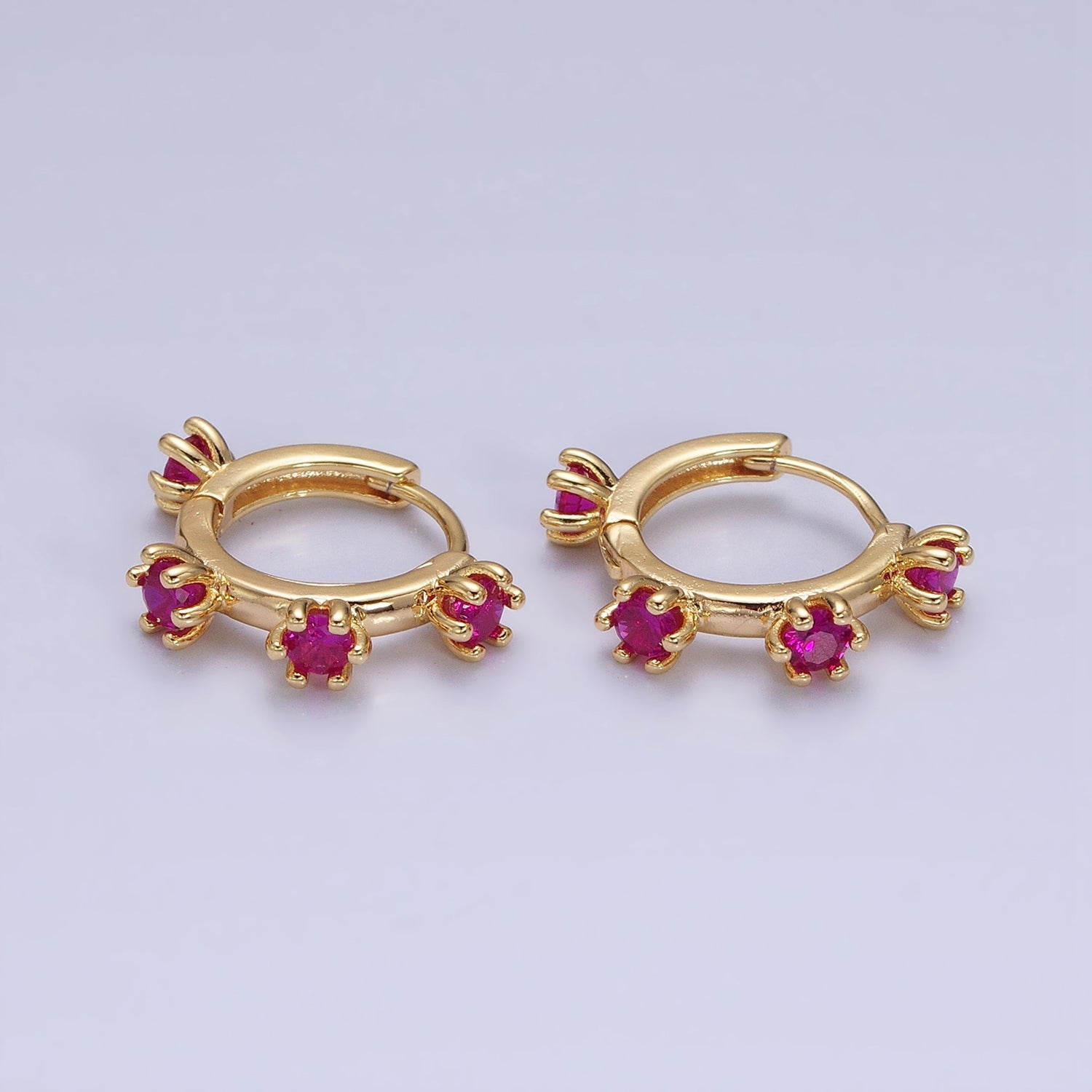 16K Gold Filled 15.5mm Fuchsia CZ Dotted Outline Huggie Earrings | AD1300 - DLUXCA