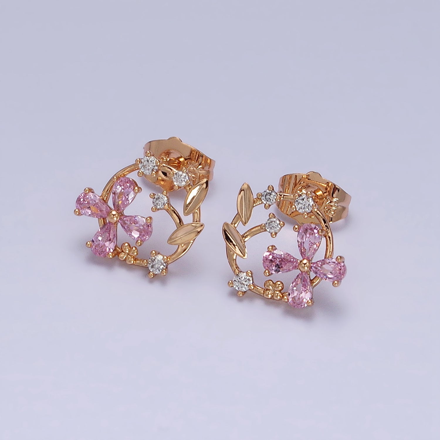 18K Gold Filled Purple, Pink CZ Flower Garden Open Round Stud Earrings | AD1319 AD1320 - DLUXCA