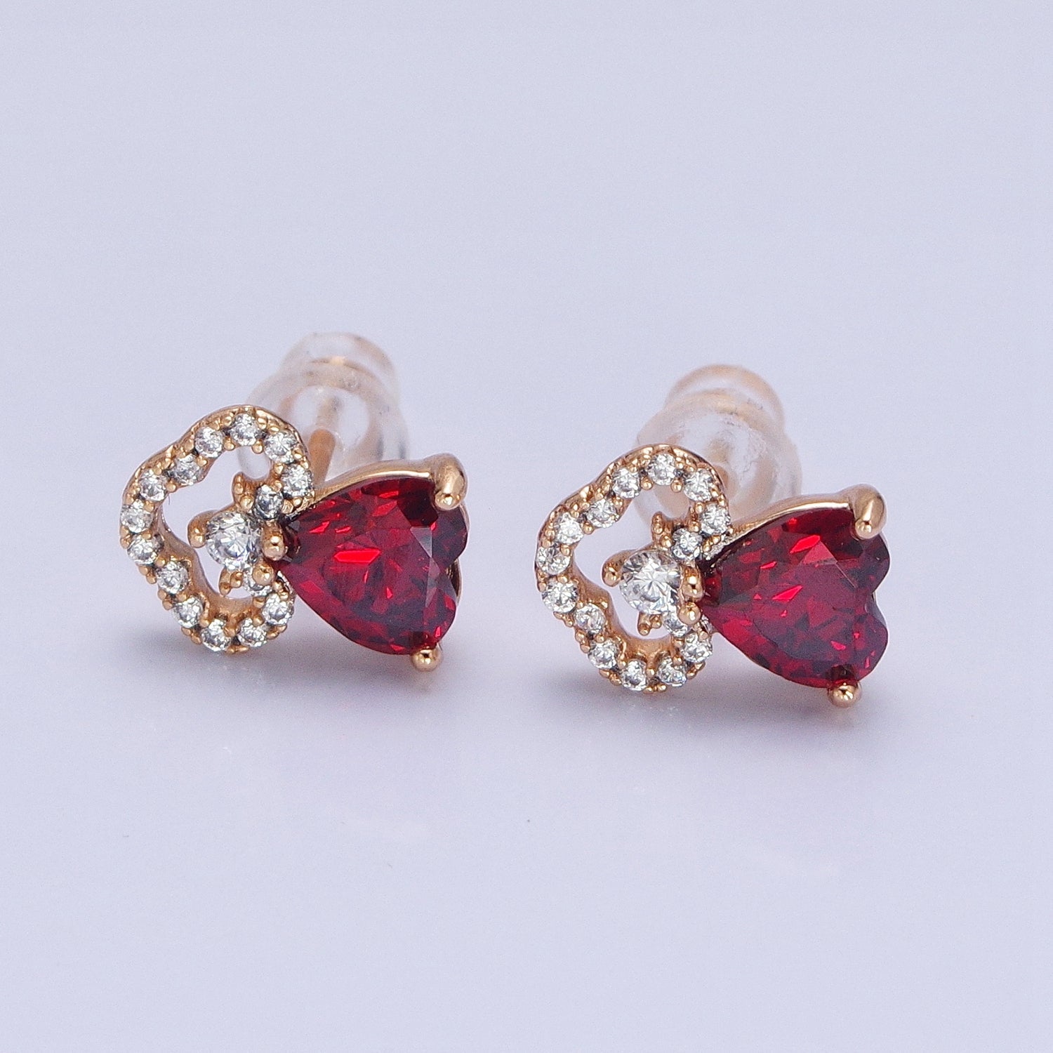 18K Gold Filled Clear, Heart, Red CZ Cloudy Stud Earrings | AD1417 - AD1419 - DLUXCA