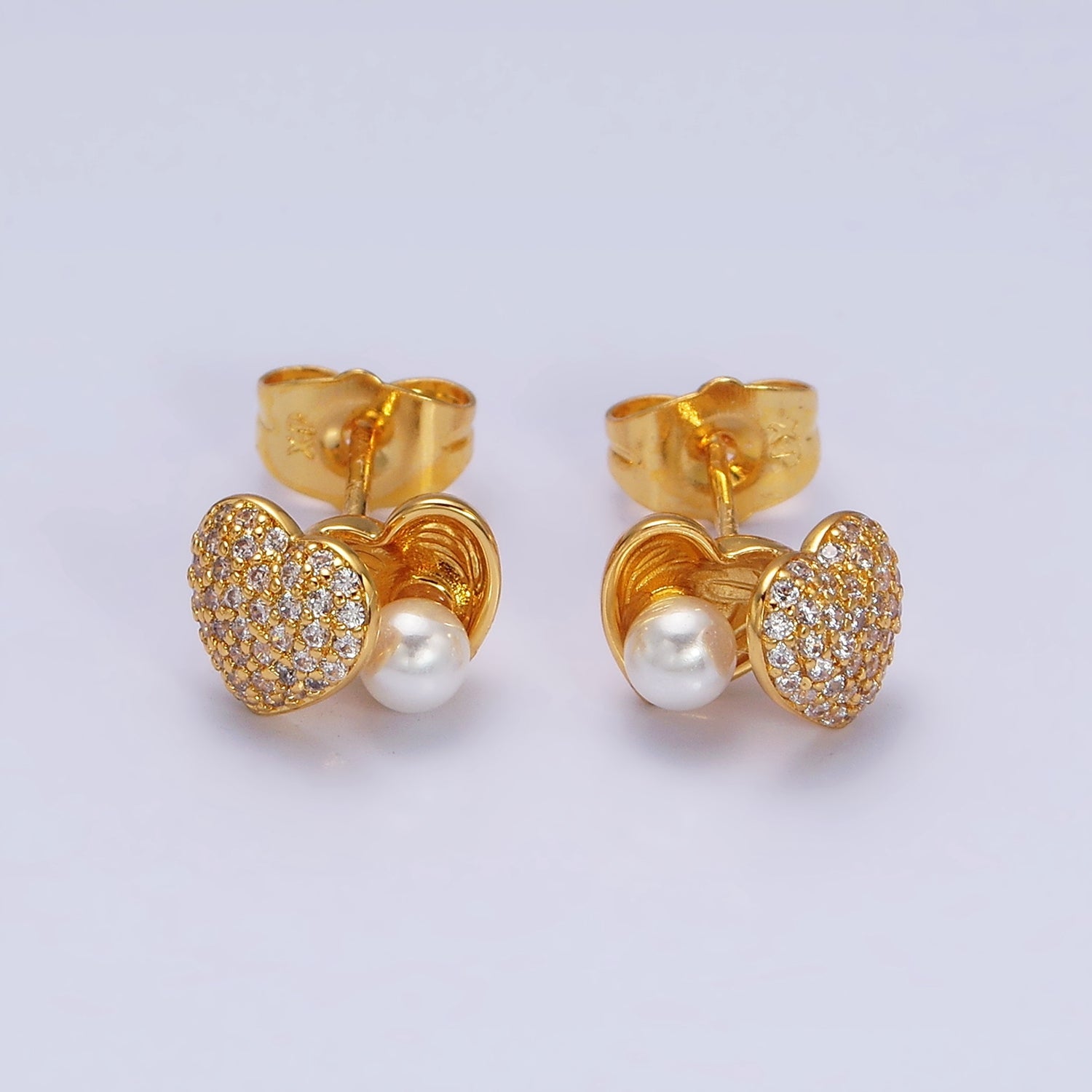 24K Gold Filled Open Micro Paved CZ Heart Pearl Stud Earrings Set | AD1427 - DLUXCA