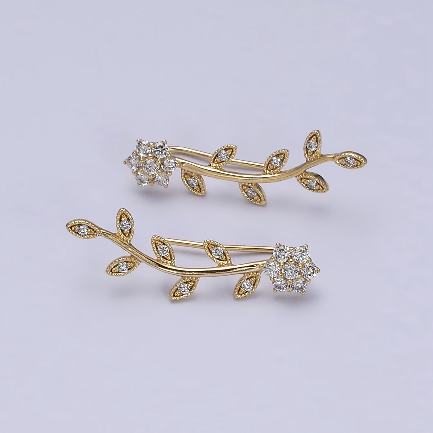 16K Gold Filled Flower Leaves Clear CZ Ear Climber in Gold & Silver | AD1430 AD1431 - DLUXCA